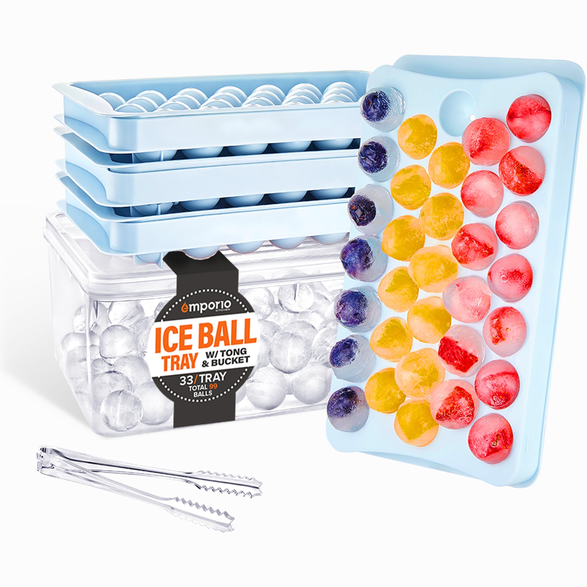 Emporio Kitchen Bandeja redonda para cubitos de hielo con tapa y cubo - Crea 99 bolas de hielo (tamaño de 1.1 pulgadas), bandejas apilables para cubitos de hielo, bolas de hielo de fácil liberación