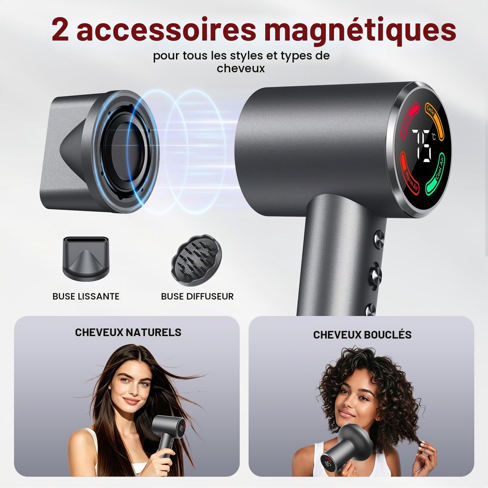 Sèche-cheveux professionnel 160 000 tr/min,sèche-cheveux ionique ultra-rapide par flux d'air haute vitesse,contrôle NTC intelligent,500M ions négatifs anti-frisottis,cheveux doux et brillants,56 dB