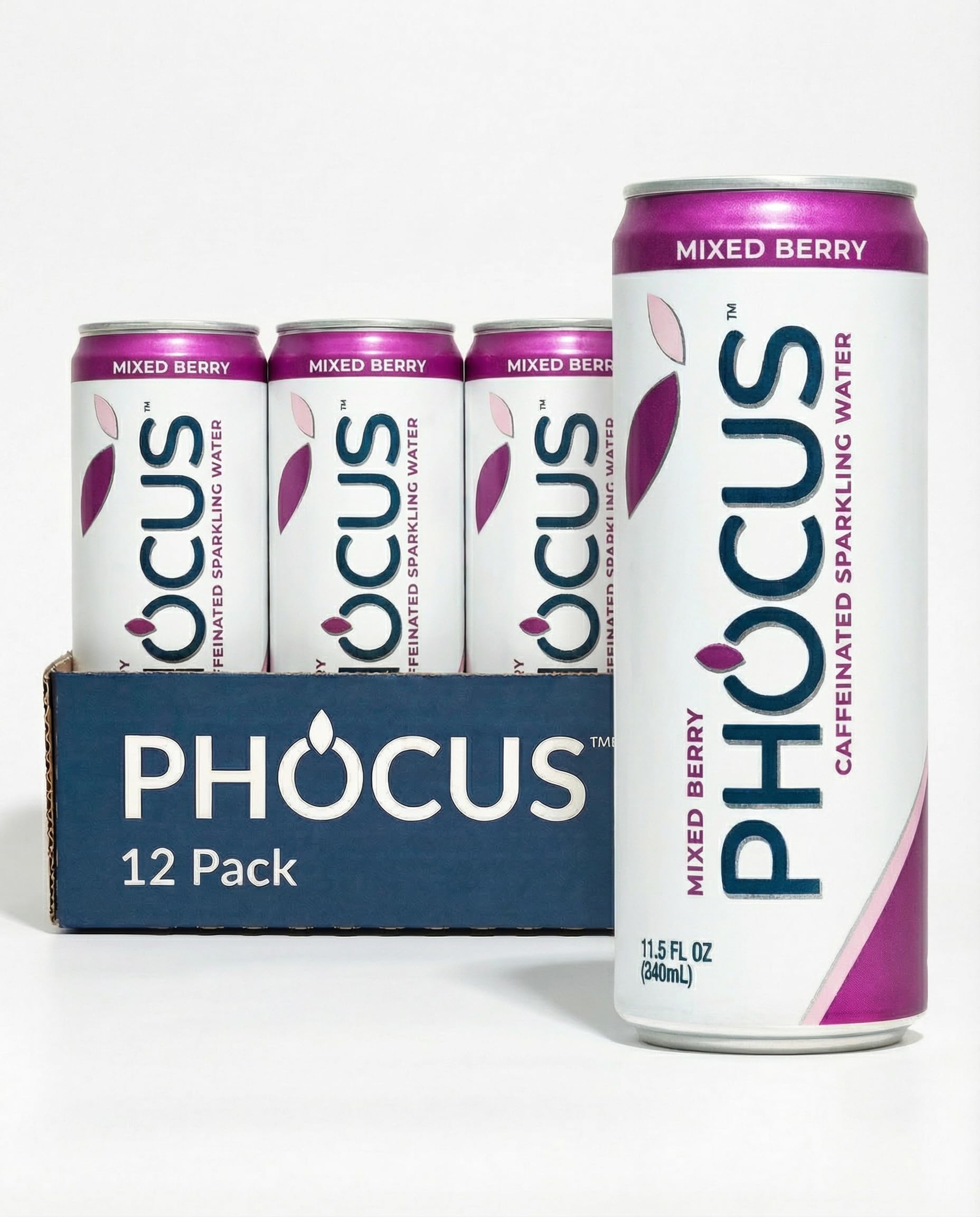 Phocus Caffeinated Sparkling Water - Mixed Berry - Clean Energy with Caffeine + L-Theanine - 0 Sugars, Calories or Carbs - Non GMO, Whole 30, Keto, Vegan, Kosher - 11.5 Fl Oz. (12 Pack) Mixed Berry 11.5 Fl Oz (Pack of 12)