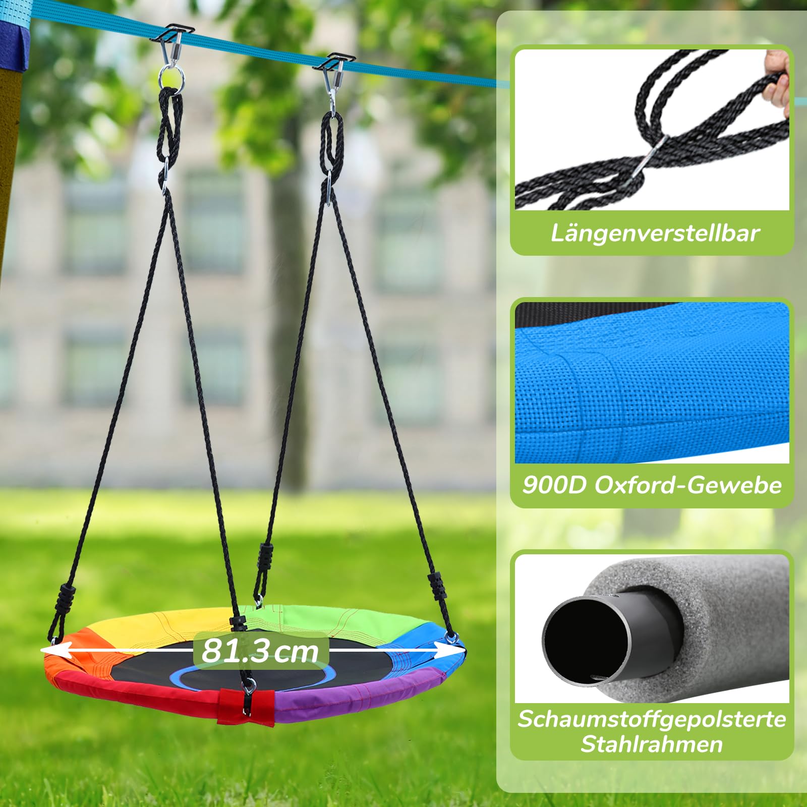 Hapfan 15M Ninja Slackline Kinder Nestschaukel Outdoor Set mit Seilrolle, Ninja Warrior Parcours Kinder mit 10 Hindernissen, Klettergerüst, Kletternetz, Kletterleiter Gym Ring Baumschutz (Bunt)