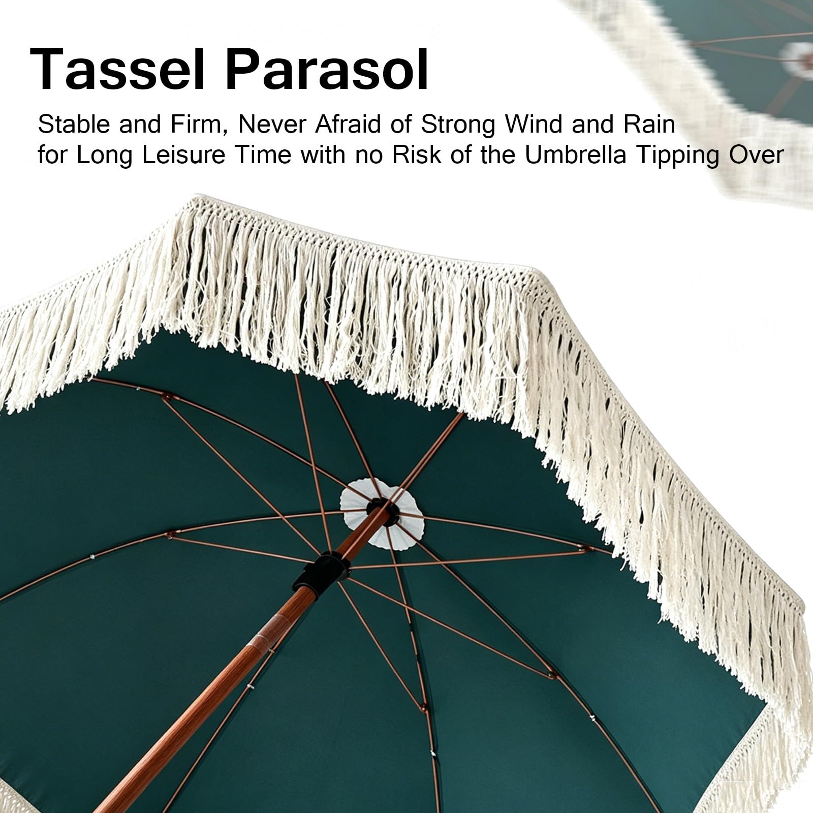 Genérico Sombrilla Jardín Verde para Terrazas Playa Patios, Parasol con Flecos Resistente al Viento, Impermeable y con Protección UV