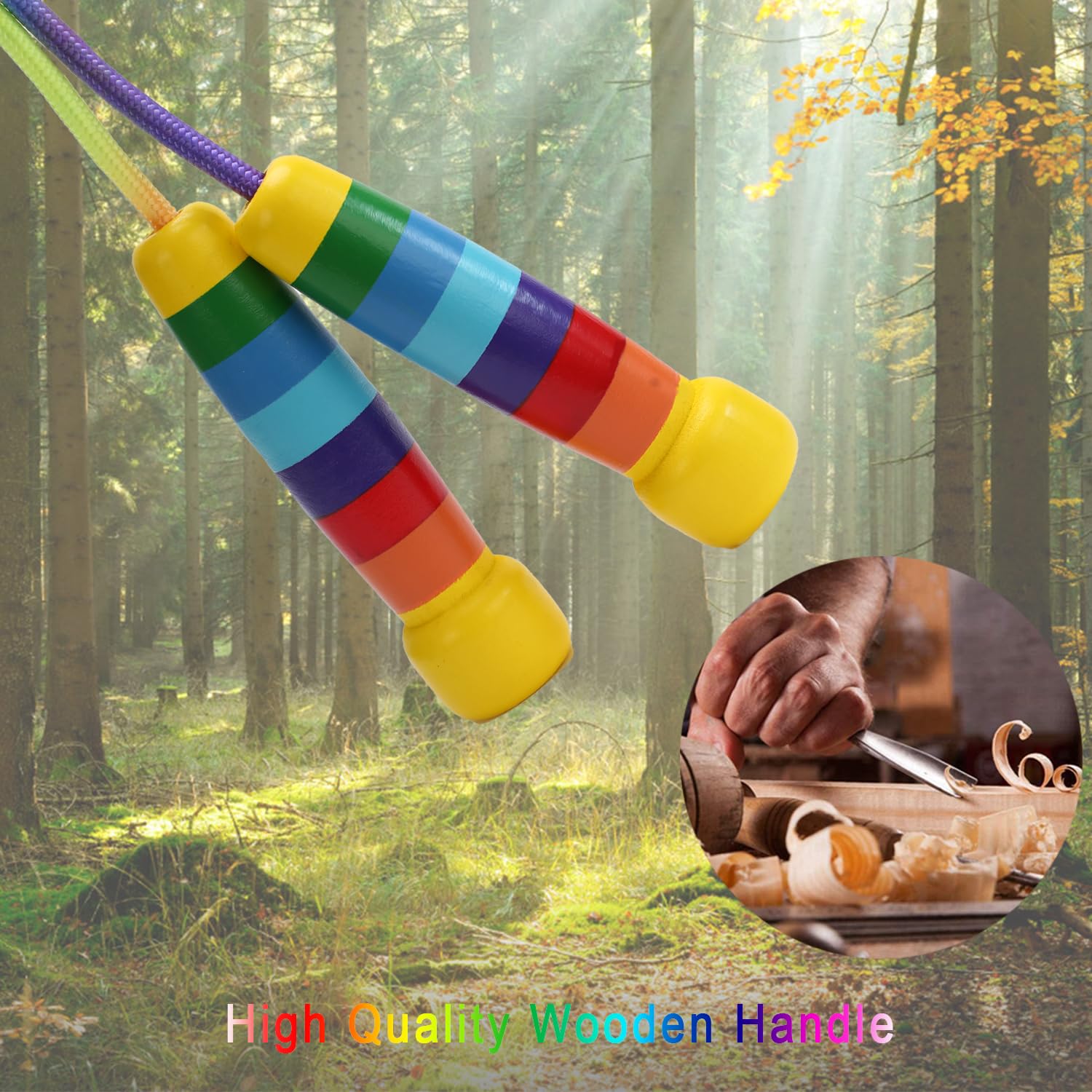 Springseil Kinder, 280cm Verstellbare Seilspringen Kinder mit Holzgriff, 7 Farben Regenbogen Skipping Rope Kids für Jungen und Mädchen Fitness