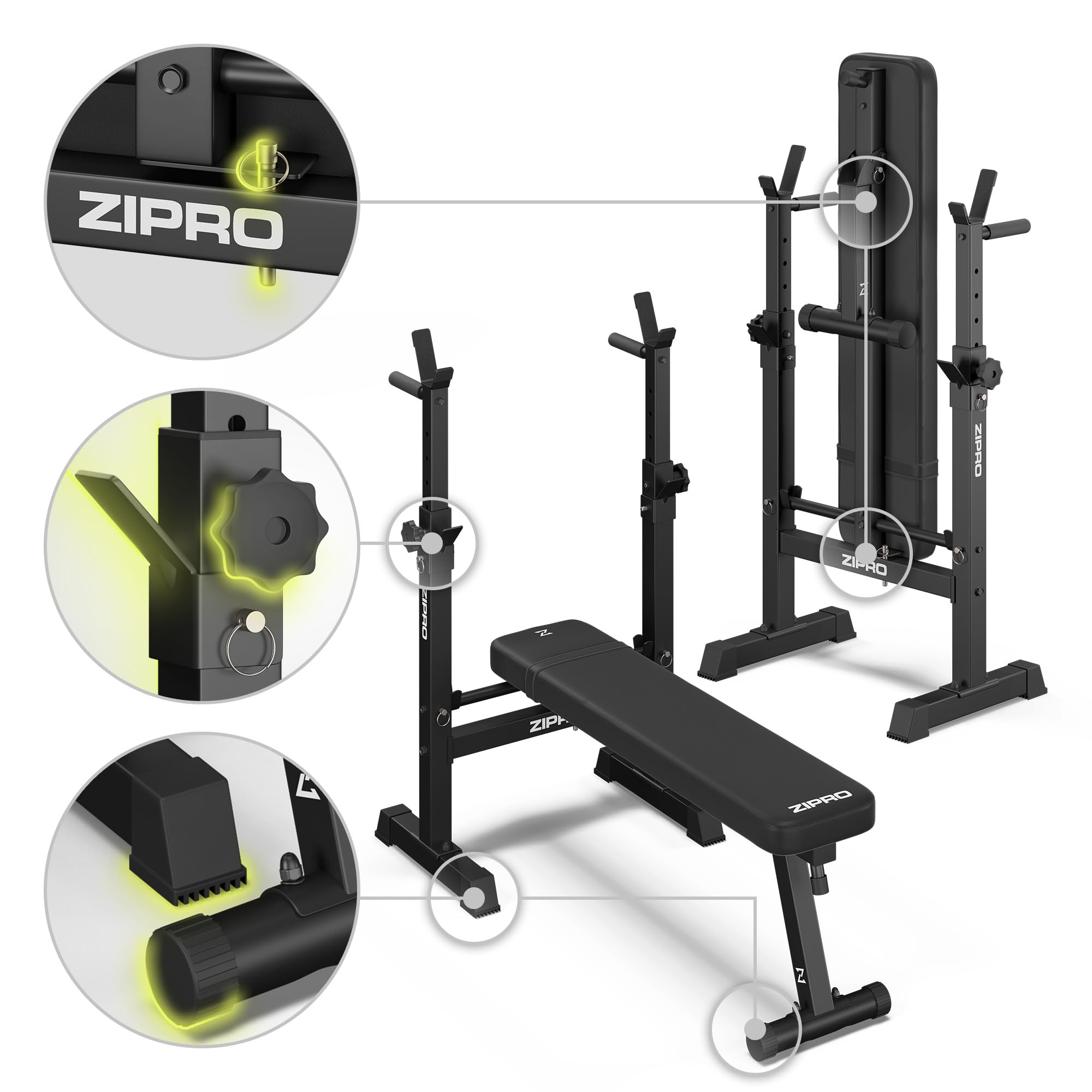 ZIPRO Panca pesi per panca piana regolabile con supporti per bilanciere panca fitness pieghevole con maniglie per push up capacità 230 kg per home gym