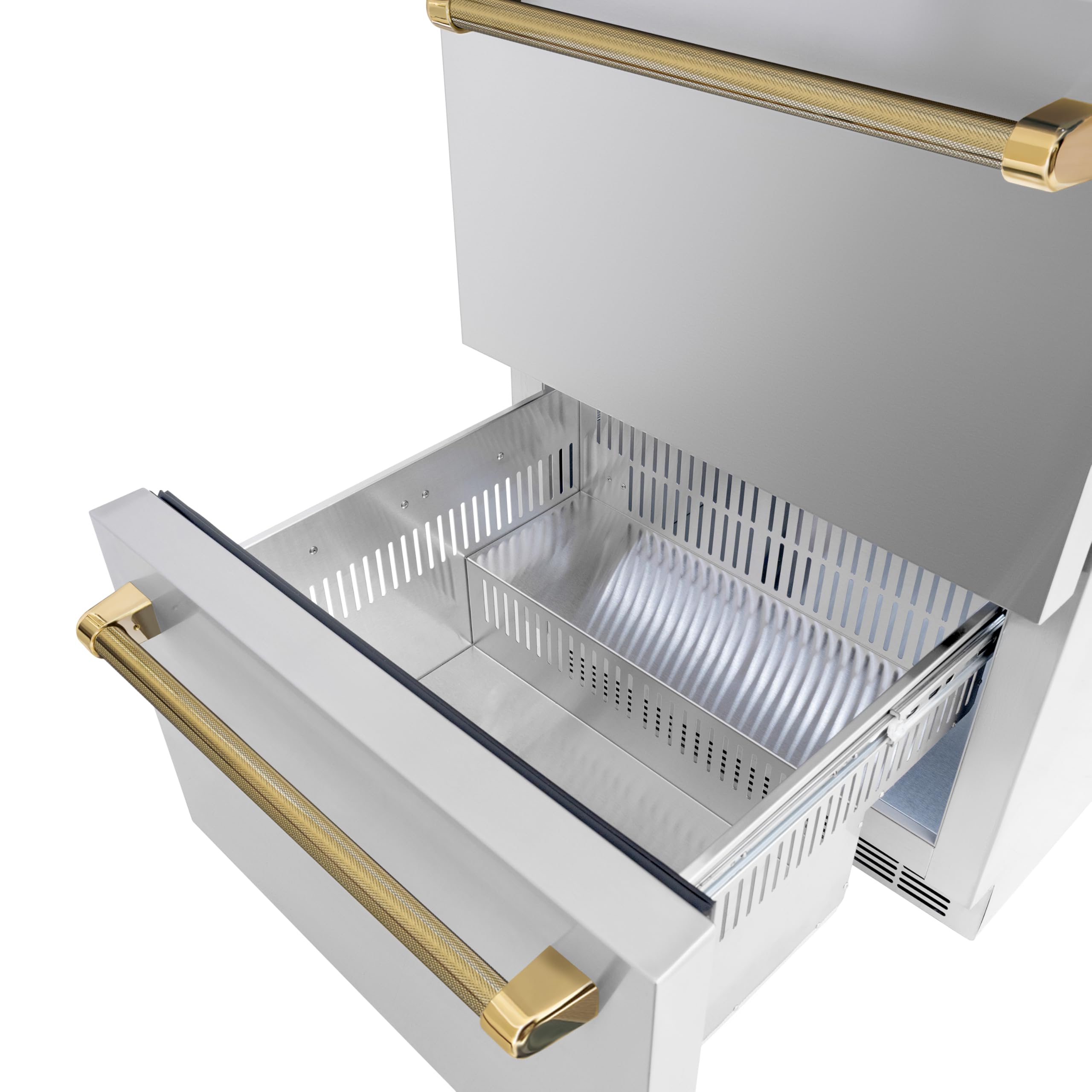 ZLINE Autograph Edition 24 In. Touchstone 168 Can Outdoor-Rated Dual Refrigerator Drawer With Stainless Steel Doors And Polished Gold Helix Handles (Rdsoz-St-24-Kg) on Fridge.com - View 6
