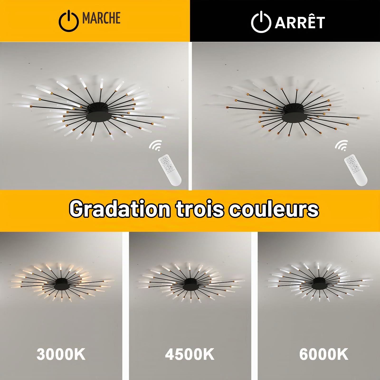 Plafonnier Led Moderne,28 TêTes À Intensité Variable,Plafonnier Semi-Encastré,Lustres Noirs Pour Chambre À Coucher,Salon,Cuisine,Salle À Manger, Restaurant,Bureau,3000-6000K Avec Télécommande