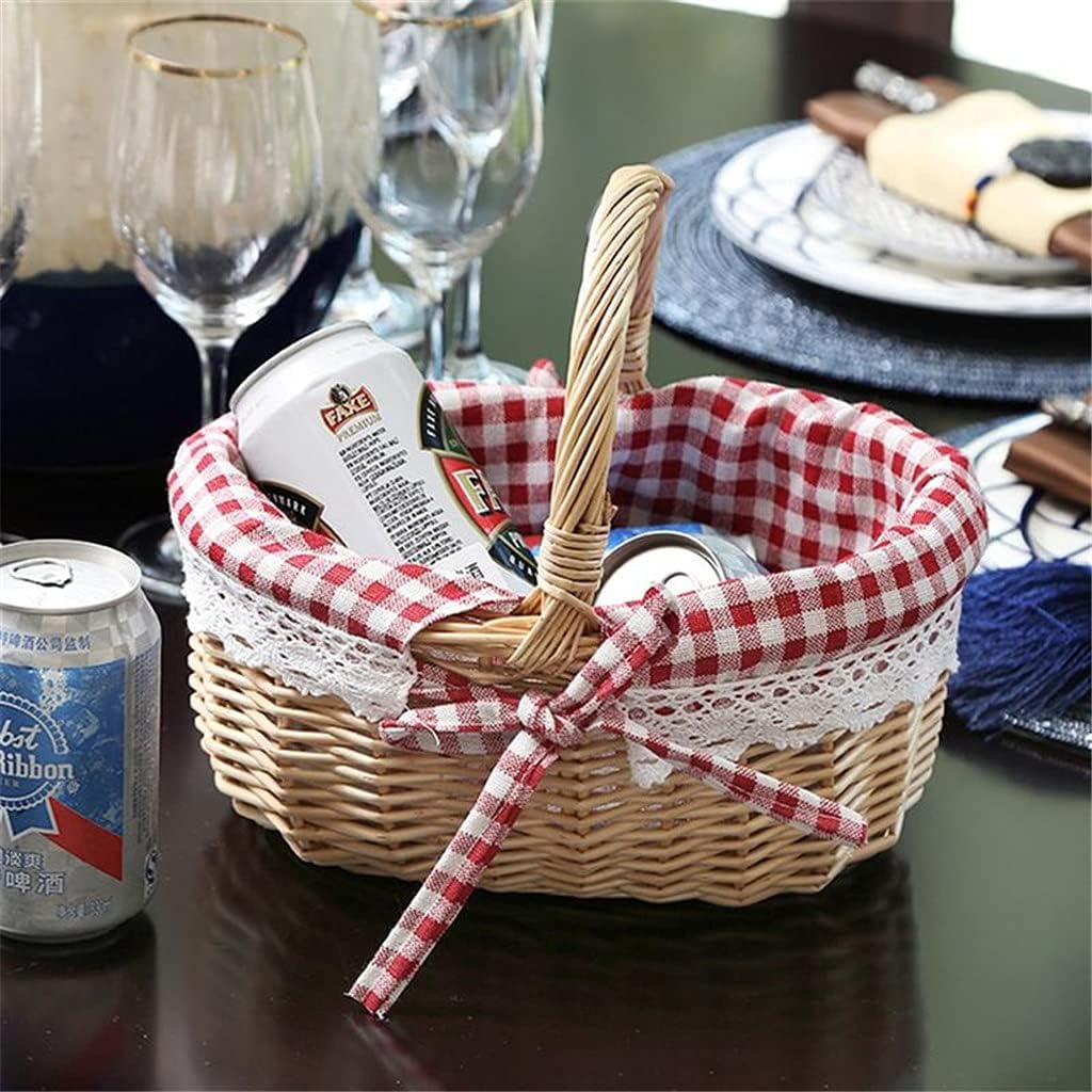 Hand Woven Picnic Bag Gift Basket Wicker Storage Basket Linen Inner Basket for Storage Use Size M (Color : Red, Size : Mcode)