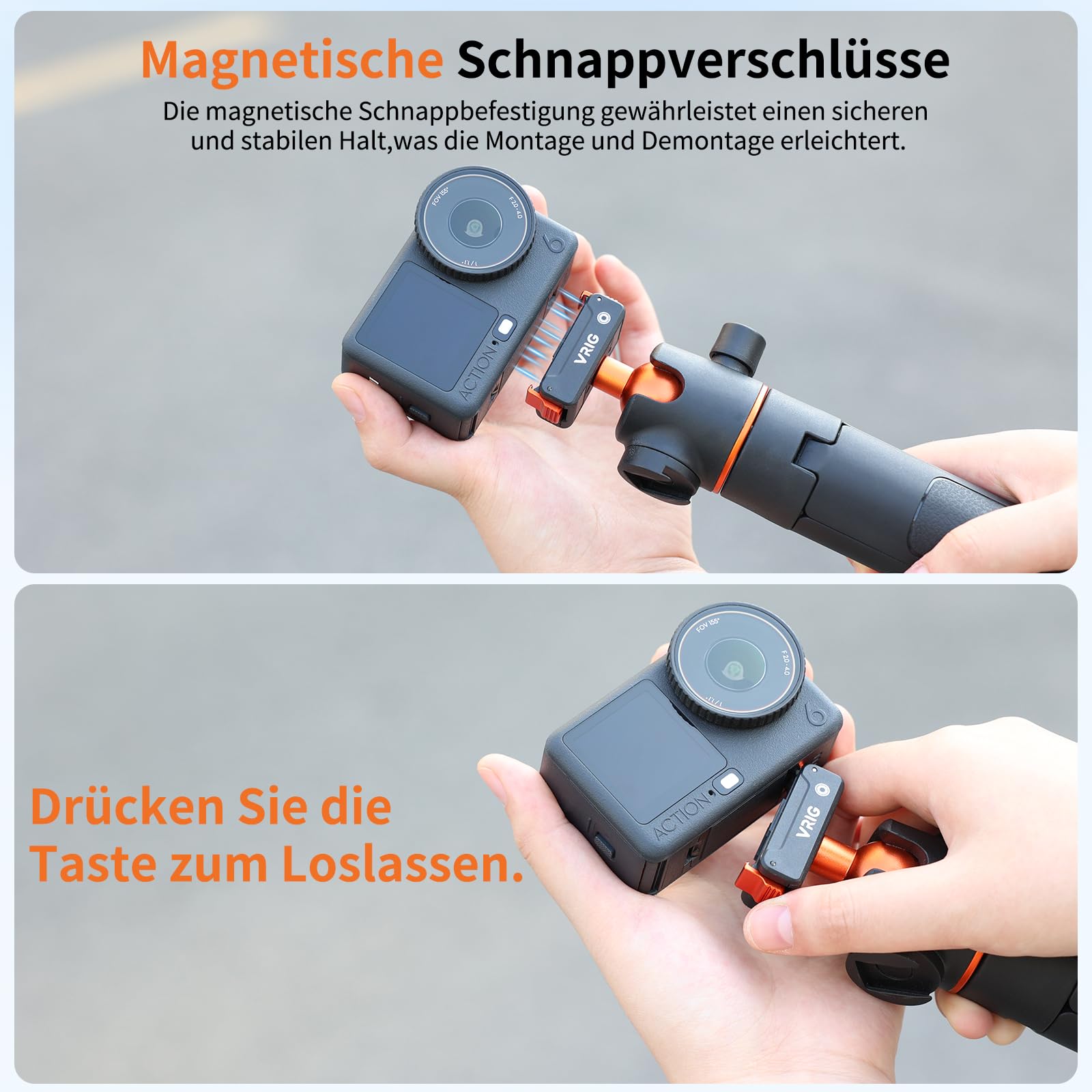 VRIG 140 cm Action Kamera Selfie Stick Stativ für DJI Osmo Nano/Action 6, Zweiwege-Magnetanziehung Schnellwechselhalterung, Ausziehbare Stange, Länge 33 bis 140 Zentimeter, AC-71