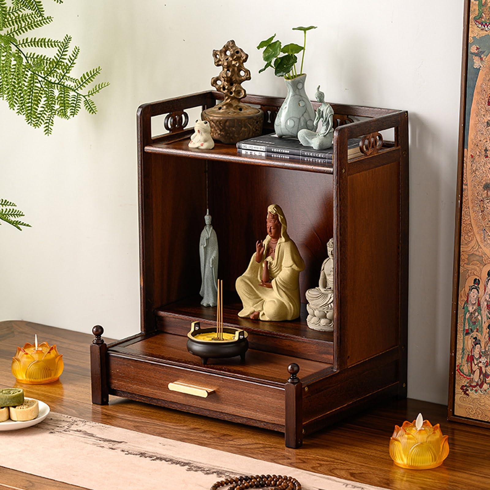 Genérico Nuevo Santuario Budista Chino de Madera Maciza para Montaje en Pared, Soporte para Estatua de Buda de Escritorio/Pared con Puerta, Mesa de Altar para Estatua de Buda (de Escritorio