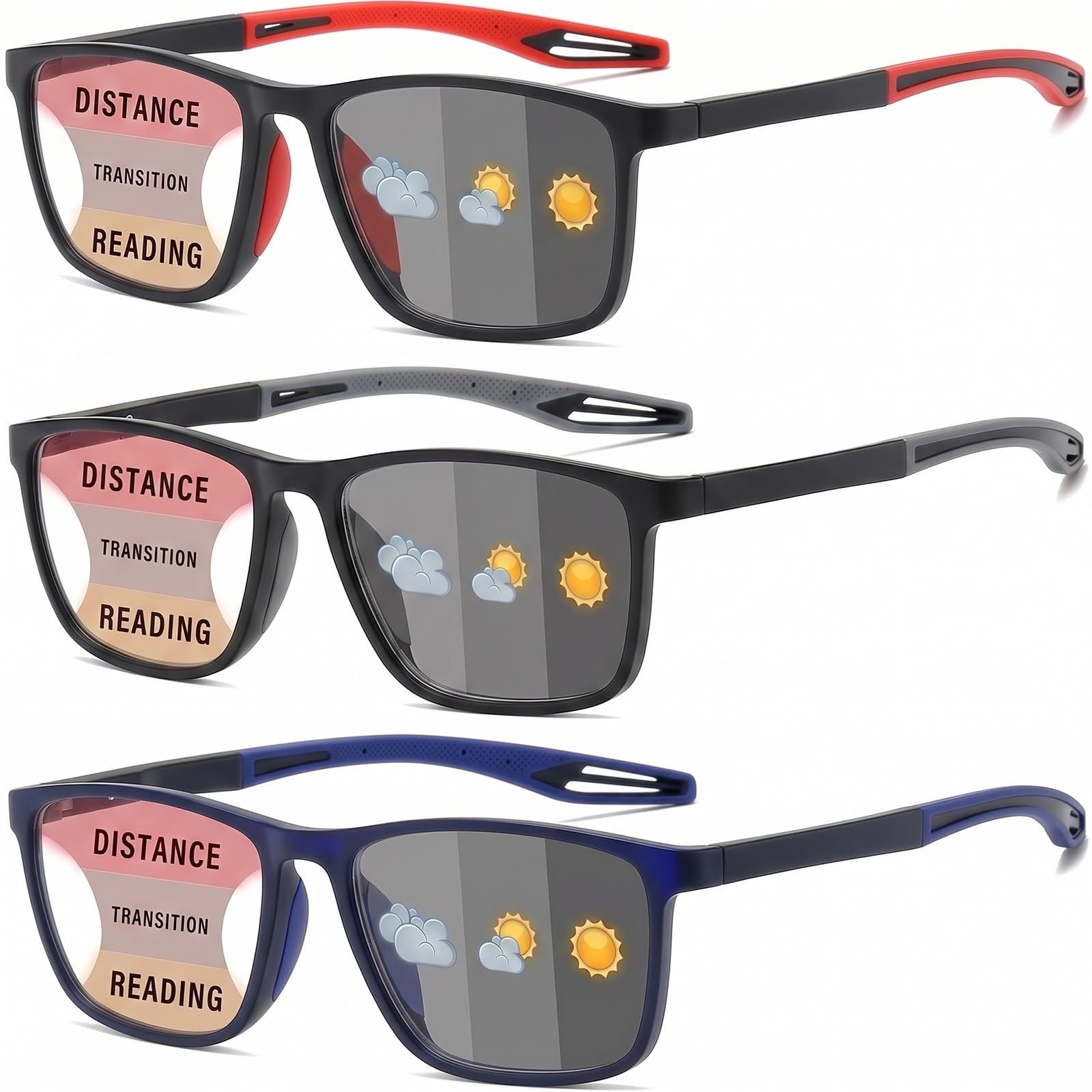 Generisch 3 Pack Gleitsichtbrille Herren TR90 Gleitsicht Lesebrille Progressive Multifokale Brille mit Blaulichtfilter, Leitch Computerbrille Federscharnier, Selbsttönende Lesesonnenbrille