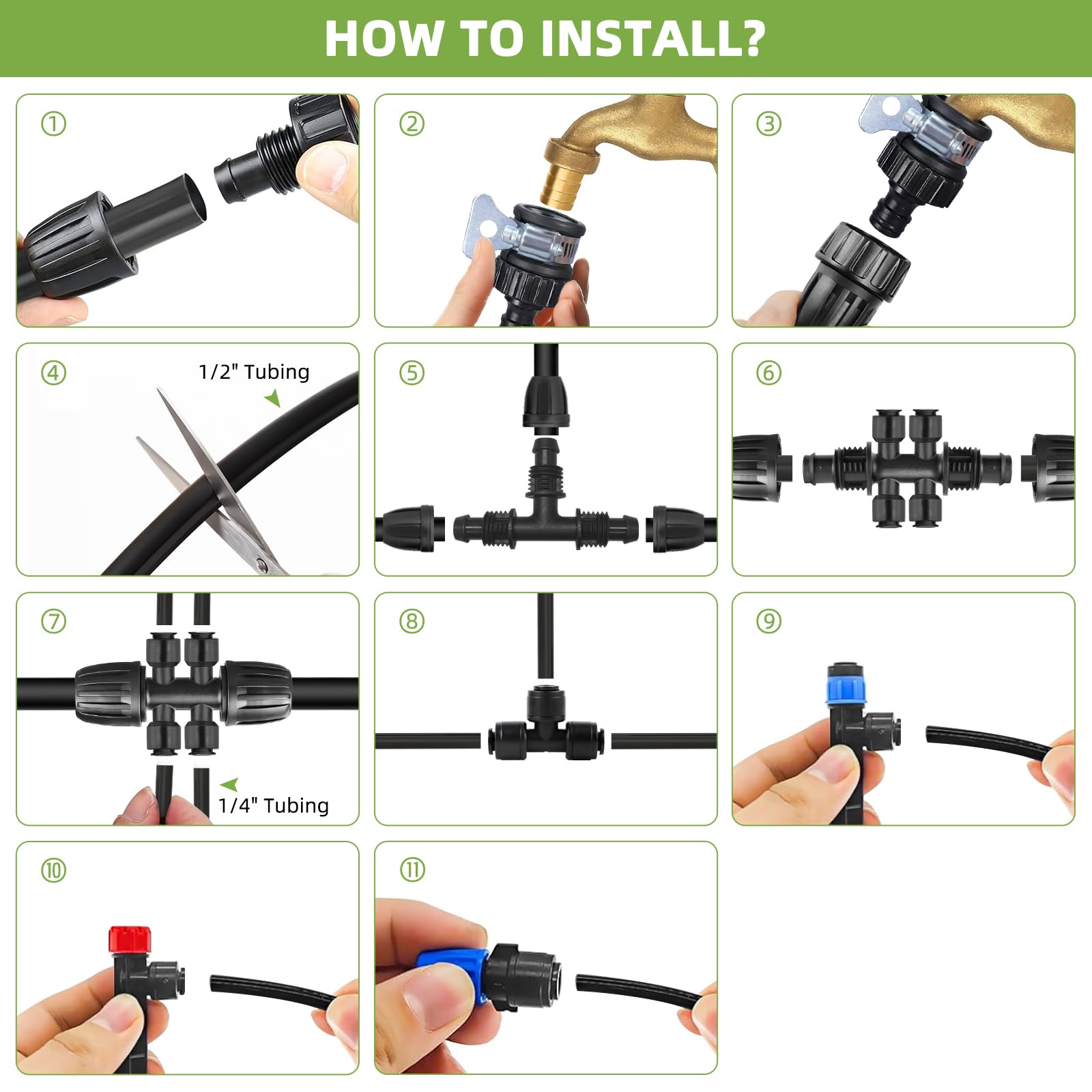 Kit de sistema de riego por goteo de 250 pies, sistema de riego automático de jardín con manguera de 1/2 pulgada y tubo de distribución de 1/4 pulgadas, juego completo de riego para invernadero
