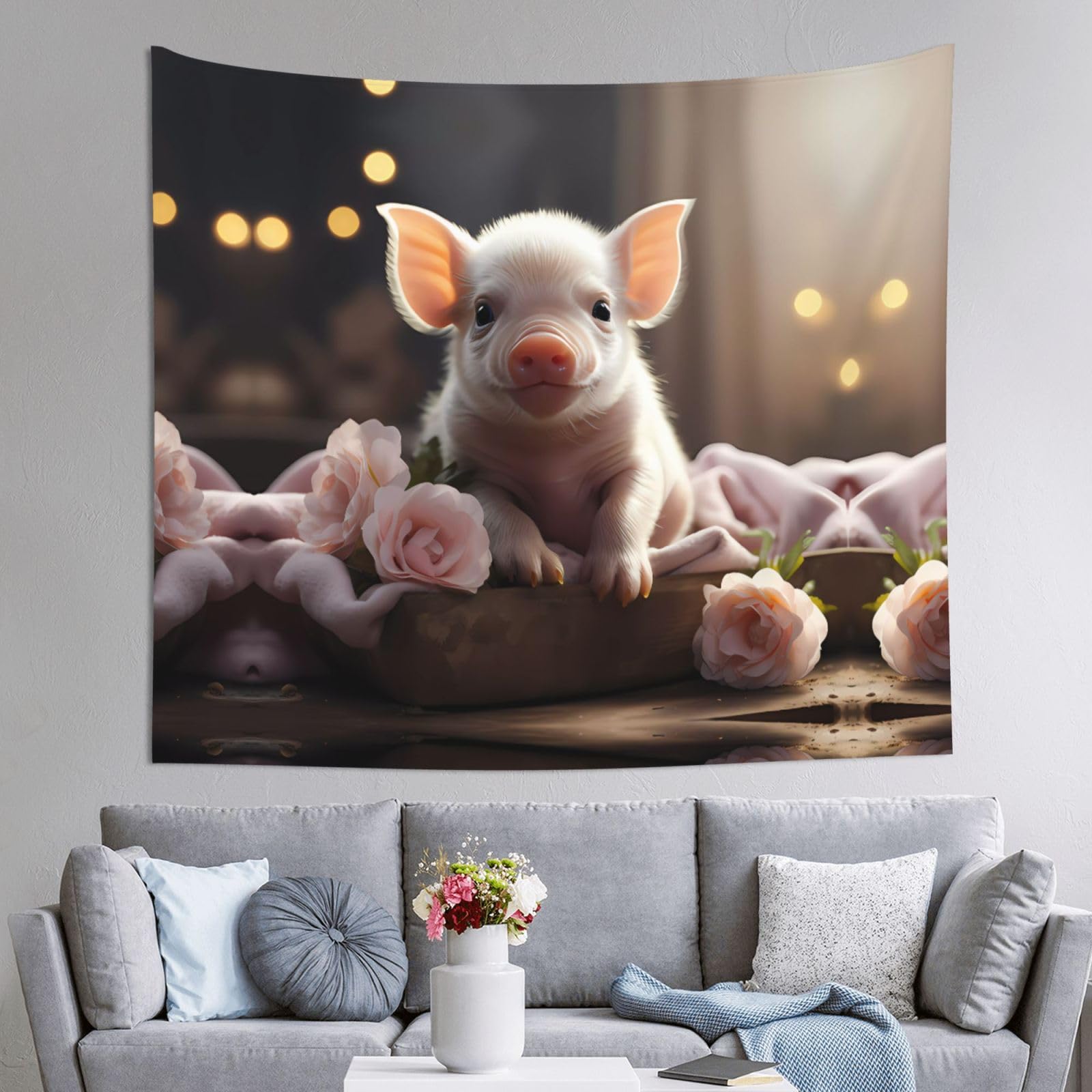 HLSBSSL 60x51in Cute young pig Printed Tapestry Tablecloth for Dormitory and Picnic Rooms - Multifunctional Fabric Hanging