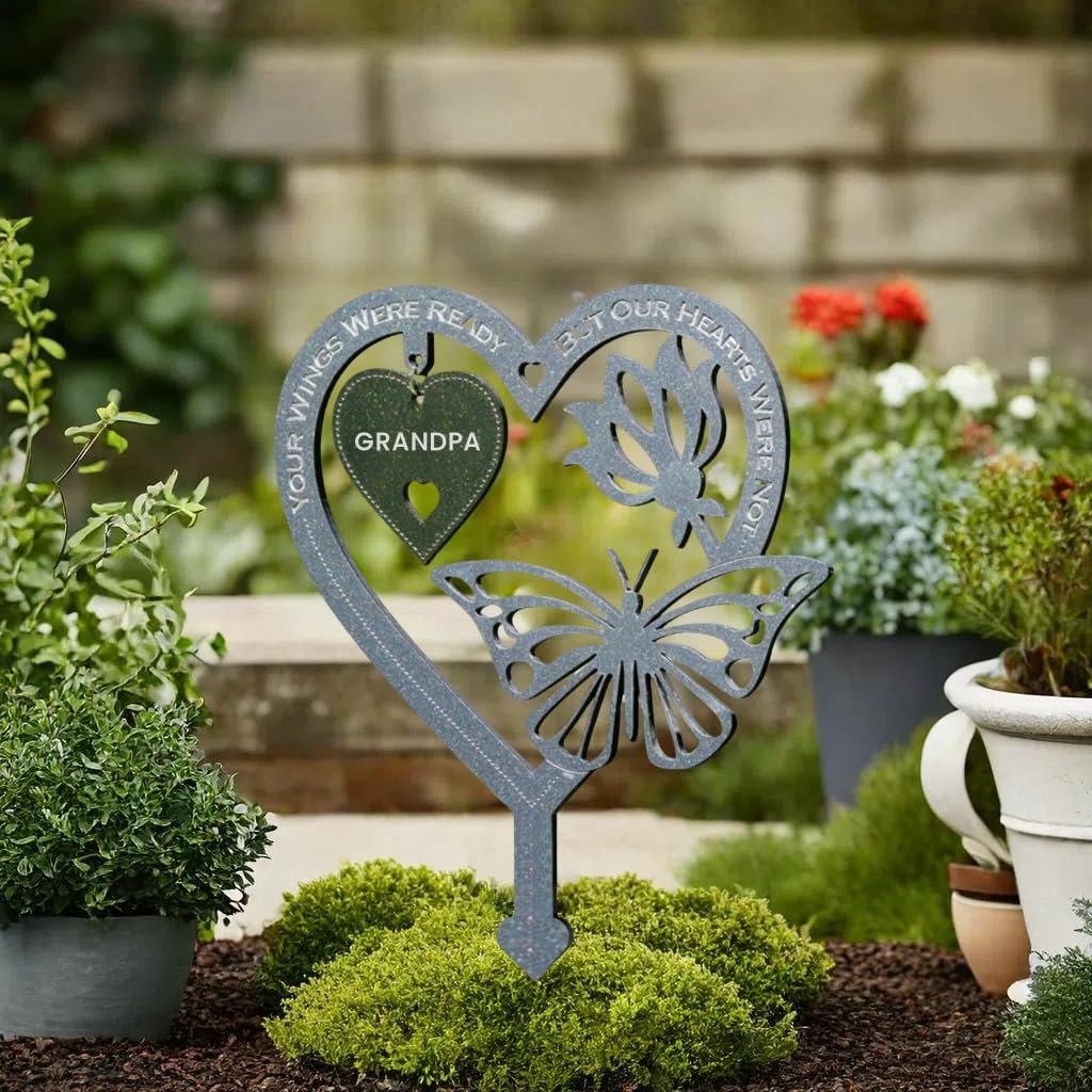 Garden Memorial Plaque for Grandpa Grave Memorial Stake marker Ornament Grandpa Weatherproof Inserted Garden Stakes Yard Sign Heart Shaped With Butterfly Flower Garden Signs Present - Image 3