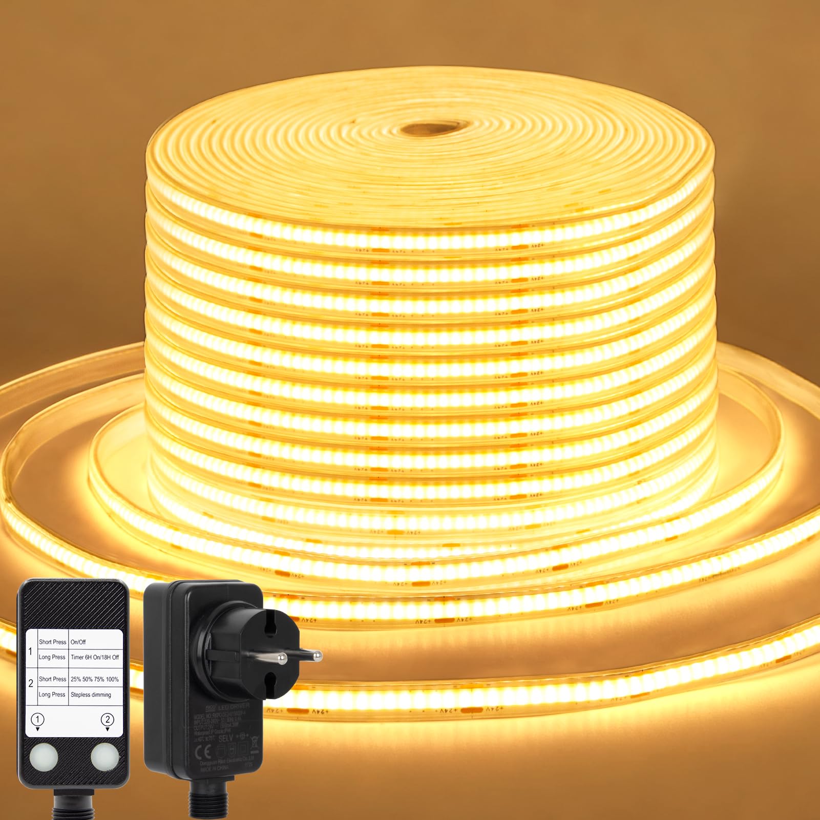 CCILAND COB Striscia LED 15M Bianco Caldo 2700K, 24V Dimmerabile Striscia LED con Timer Striscia LED Impermeabile Flessibile Autoadesiva per Casa Cucina Interni Esterni Decorazione Fai da Te