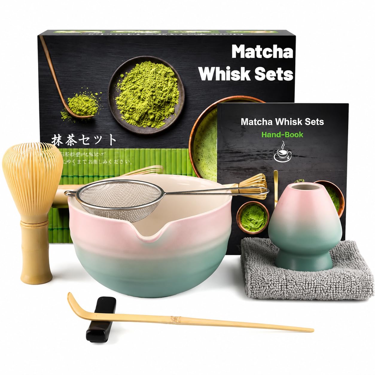 Muexoee 7 Pcs Matcha Set,Matcha Tea for Making Breakfast/Latte,Whisk Set and Bowl with All Accessories,Authentic Tea Ceremony,Gradient Pink-Blue Bowl, Stirrer Yellow — image 1