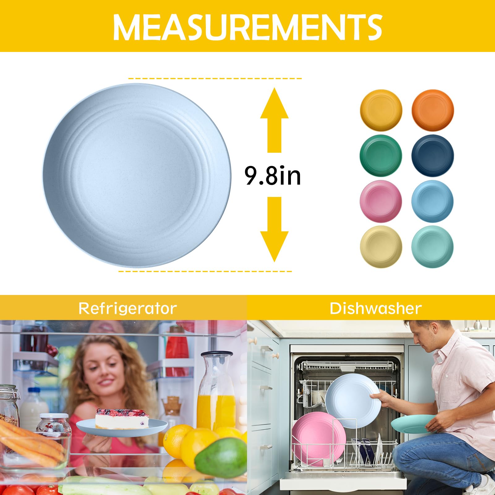 Teivio 16-Piece Wheat Straw Plates,9.8'' Reusable Unbreakable Deep Dinner Plate,Dishwasher Safe,Salad Plates,Dessert Plate,Kids Kitchen Plastic Dinner Plates Set,Service for 16,Multicolor ?