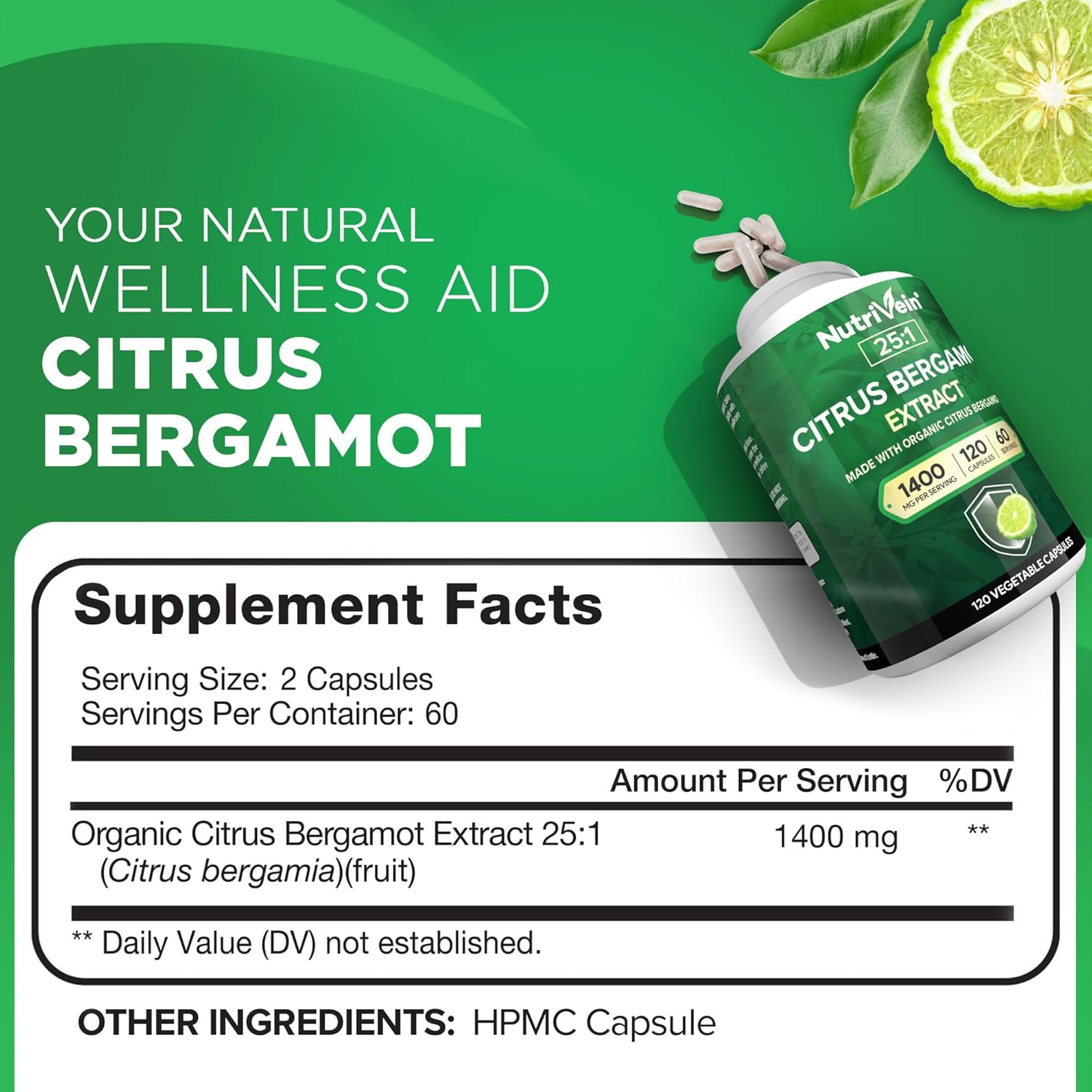Nutrivein Premium Citrus Bergamot Supplement 1400mg 25:1 Bergamia Extract - 60 Day Supply (120 Capsules): Powerful Italian Citrus Bergamot 1400 mg+ High Concentration - Heart and Circulatory System - Image 2
