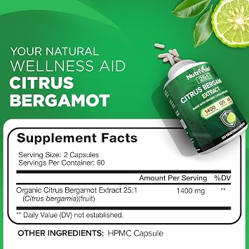 Nutrivein Italian Citrus Bergamot Supplement 1400mg 25:1 Extract - 120 Caps | Concentrated Italian Bergamia extract for men and women. Supports cardiovascular wellness and healthy circulation. Non-GMO.