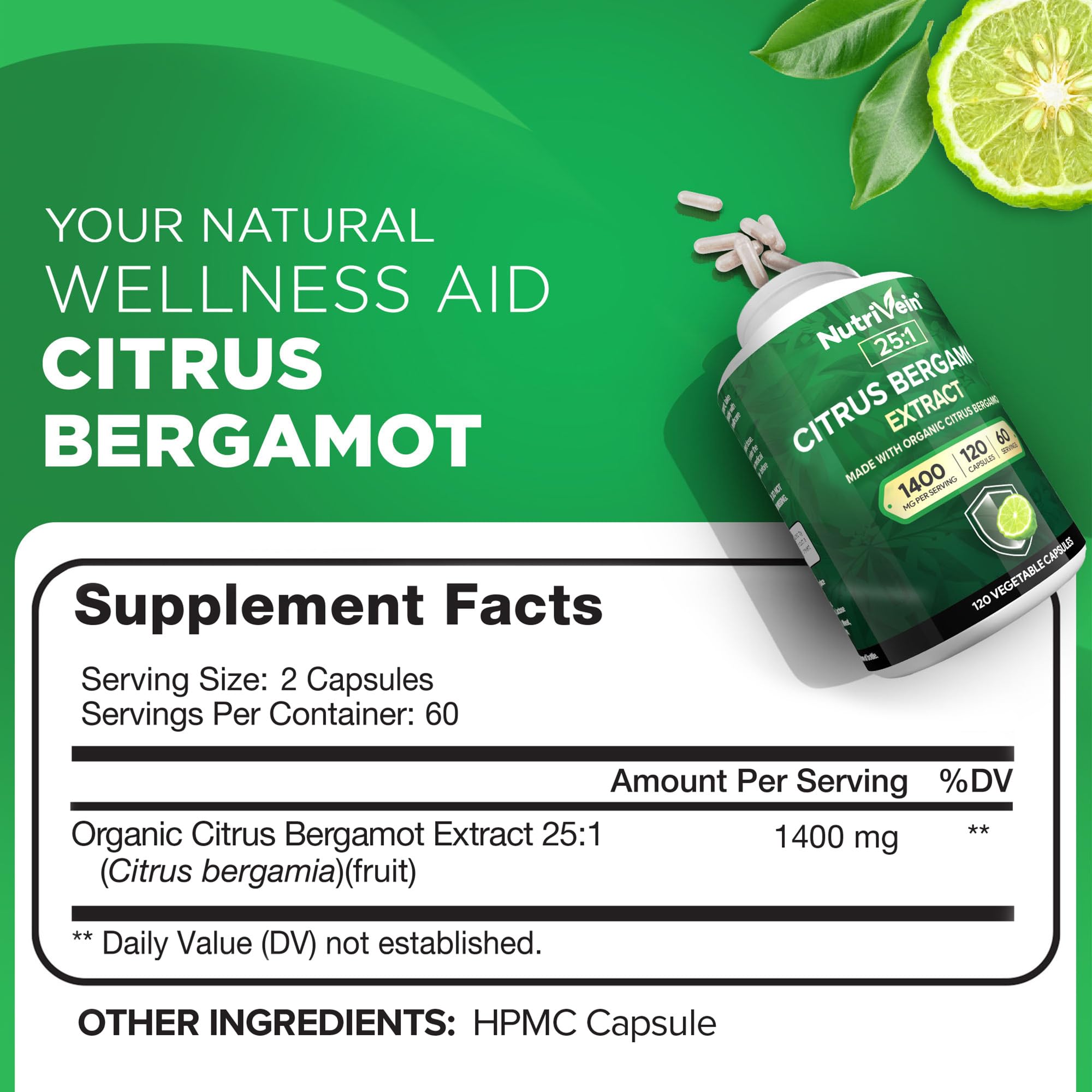 Nutrivein Premium Citrus Bergamot Supplement 1400mg - 120 Caps — Amazon image 2