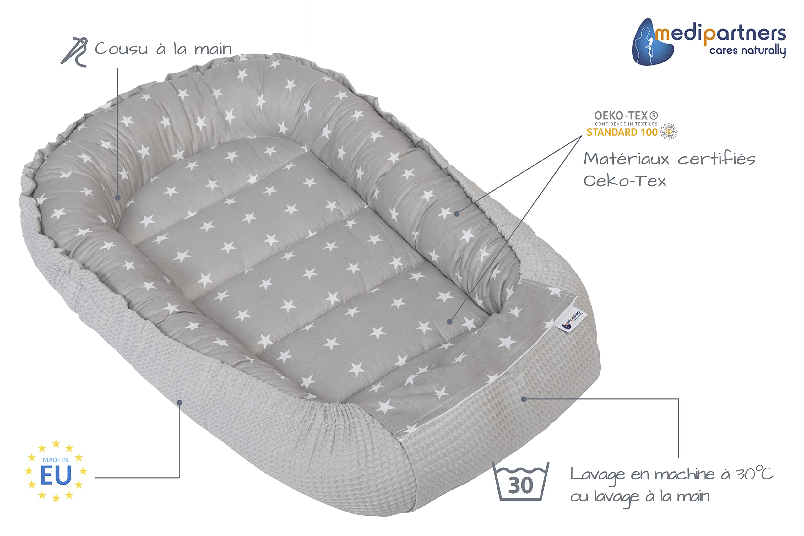 Medi Partners Nido per Neonato 100x60x15cm Baby Nest 100% Cotone Waffle Lettino da viaggio per bambini Multifunzionale Chiusura sicura (Stelle con Waffle grigio)