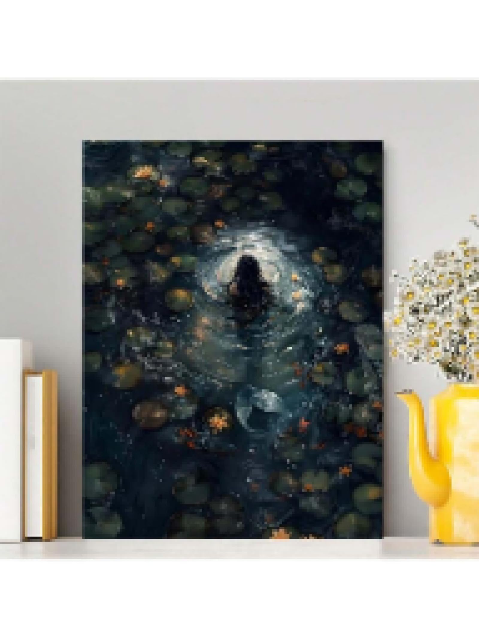 lianyibo Lienzo de sirena con decoración de pared de Dark Academia escena victoriana de lago flores de loto y nenúfares para sala de estar y dormitorio marco de 60 x 80 cm
