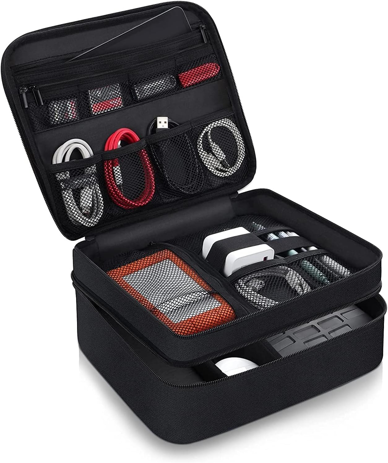 Cable Organiser Bag-Super Large 3 Layer Electronic Travel Organiser with Shockproof Pokect, Organiser for Chargers&Cords with DIY Storage Area, Travel Bag for Electronic Accessories(Black)