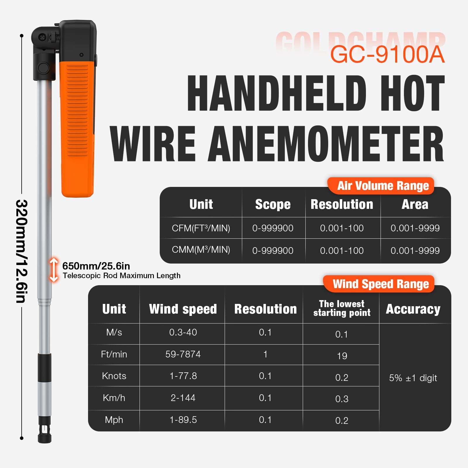 Heißdraht-Anemometer, Thermischer Anemometer mit 40 m/s und Bluetooth, Ausziehbare Stange 320–650 mm, 9100A Windmesser Windmessgerät mit APP, hohe Präzision 0,1 m/s, misst HVAC, Datenprotokollierung