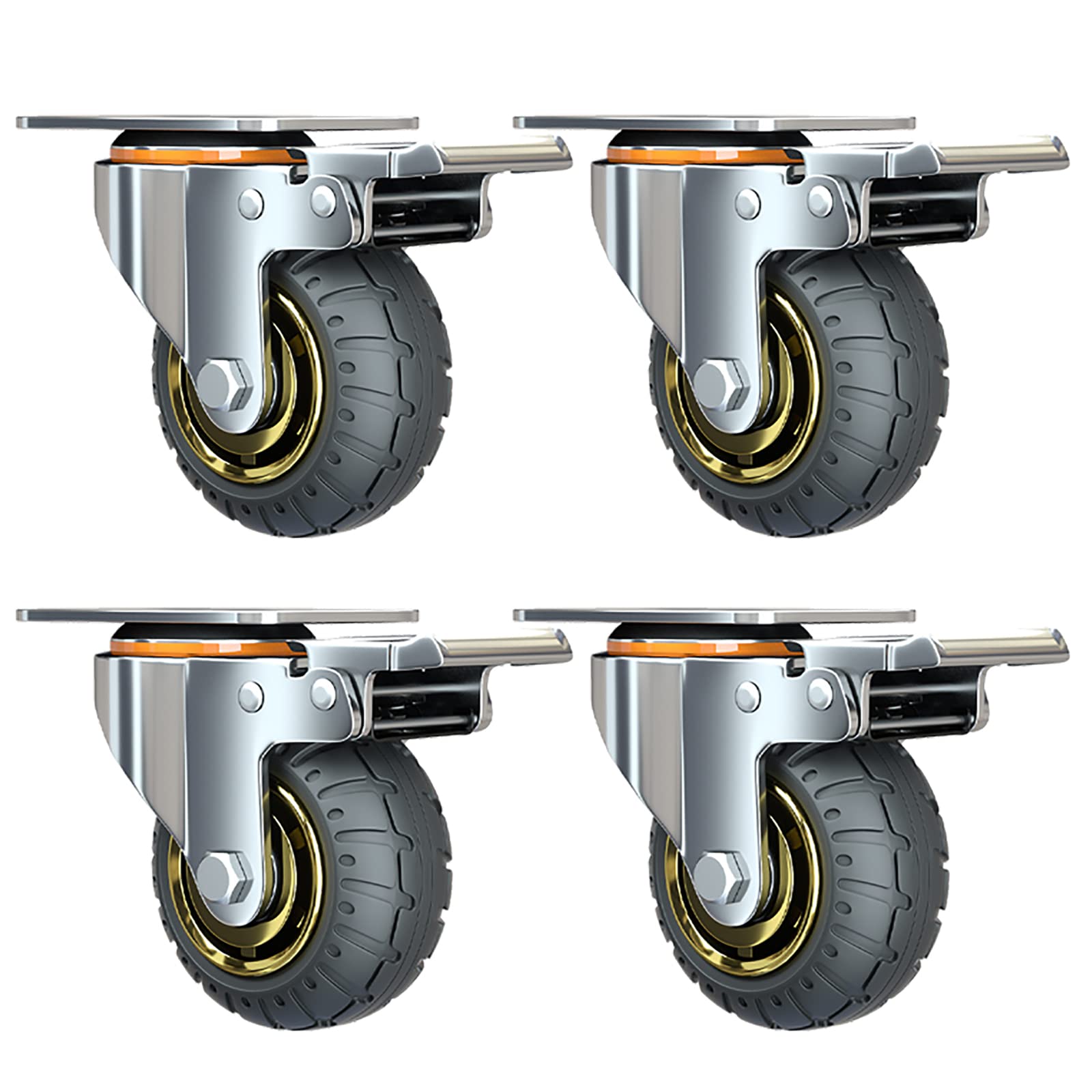 GBRJUYF Heavy Duty Rubber Casters Set of 4 - Silent Wheels with Brake, Double Ball Bearings, 450kg Load Capacity, Ideal for Trolleys & Heavy Furniture, Smooth Mobility & Stability