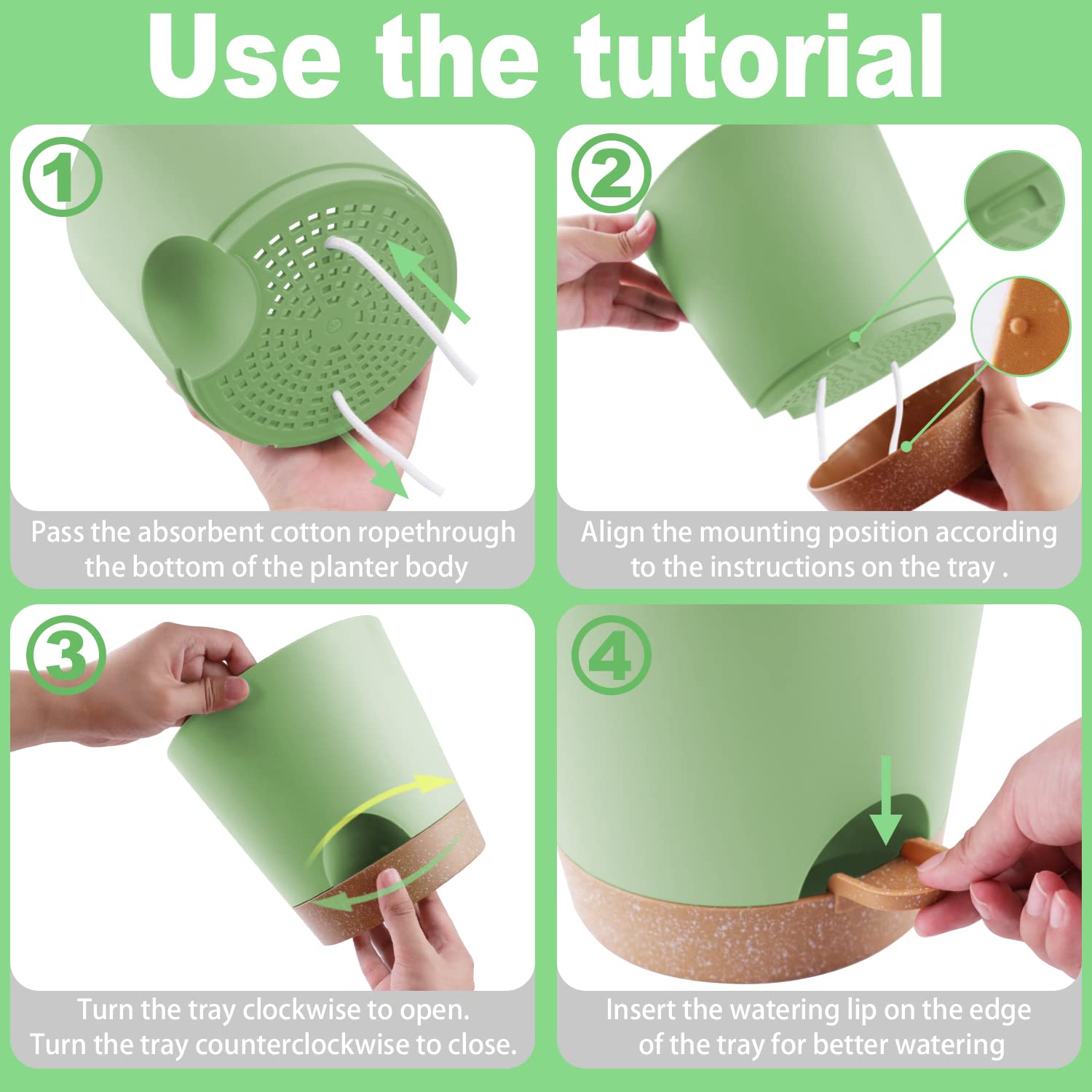 Vaso in plastica con sistema di irrigazione, set di 6 fioriere autoinnaffianti con sottovaso, vaso rotondo per piante grasse, cactus succulente, per interni e balconi (20,3 cm, verde)