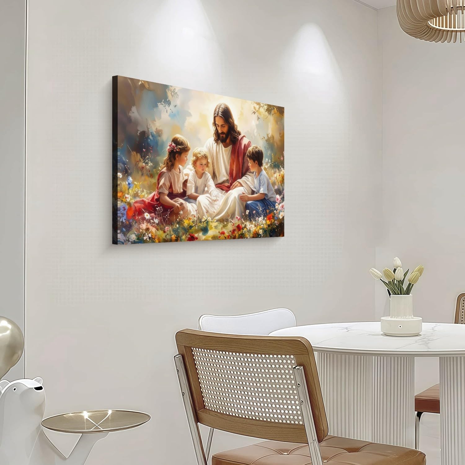 Framed Jesus with Children Canvas Wall Art Jesus Teaching Kids Bible Gospel Poster Print Christian Religious Wall Decor for Kids Room Bedroom Church 16x24 inch Ready to Hang