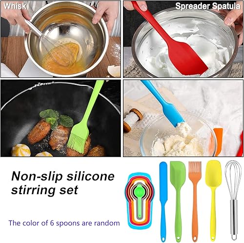 Miniatura 4 de Menbyci 6 cuencos para mezclar con tapas, cuencos de acero inoxidable, fondo antideslizante colorido, incluye utensilios de cocina, juego de cuencos