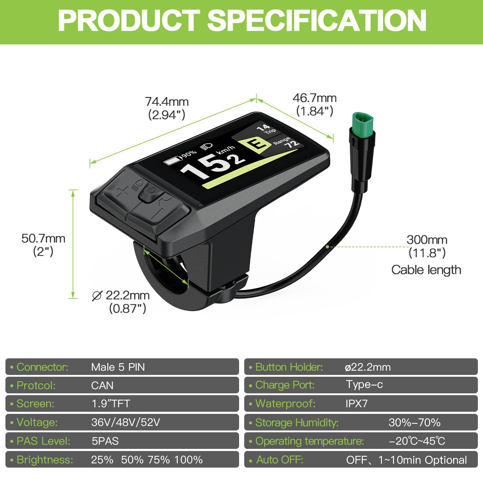 BAFANG Display DPC080 für E-Bikes - Kompatibel mit den Mittelmotoren M200 M400 M500 M600 M620, M420 M510 M625 M325 M225 und den neuesten BBS01B BBS02B und HD Kits mit CAN-Protokoll (Dreiecksstecker