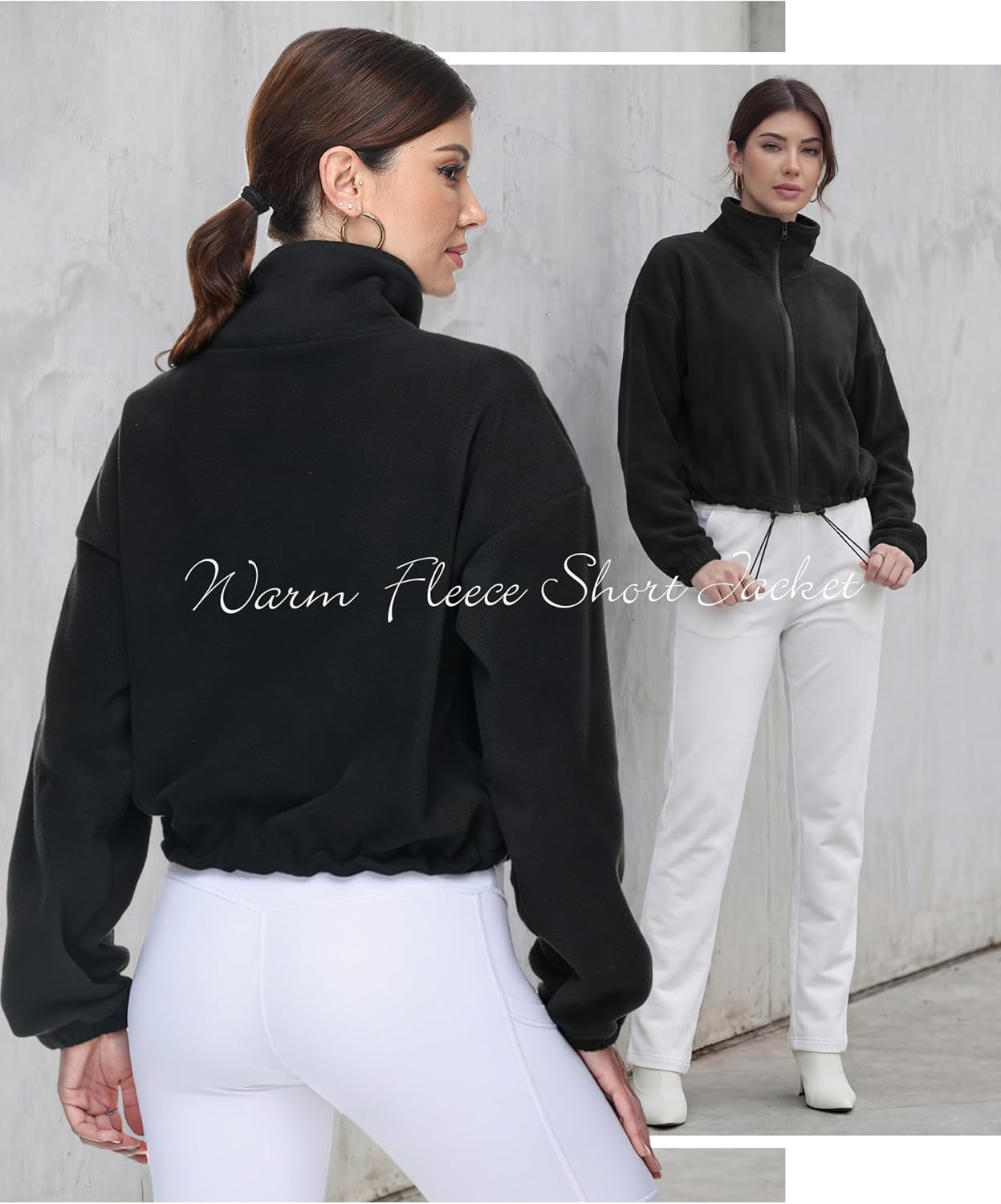 Cuffbow Women Full Zip Fleece Jacket Cropped Stand Collar Jacket Long Sleeve Sherpa Coat Drawstring Hem 2025 Winter Outfit - Image 2