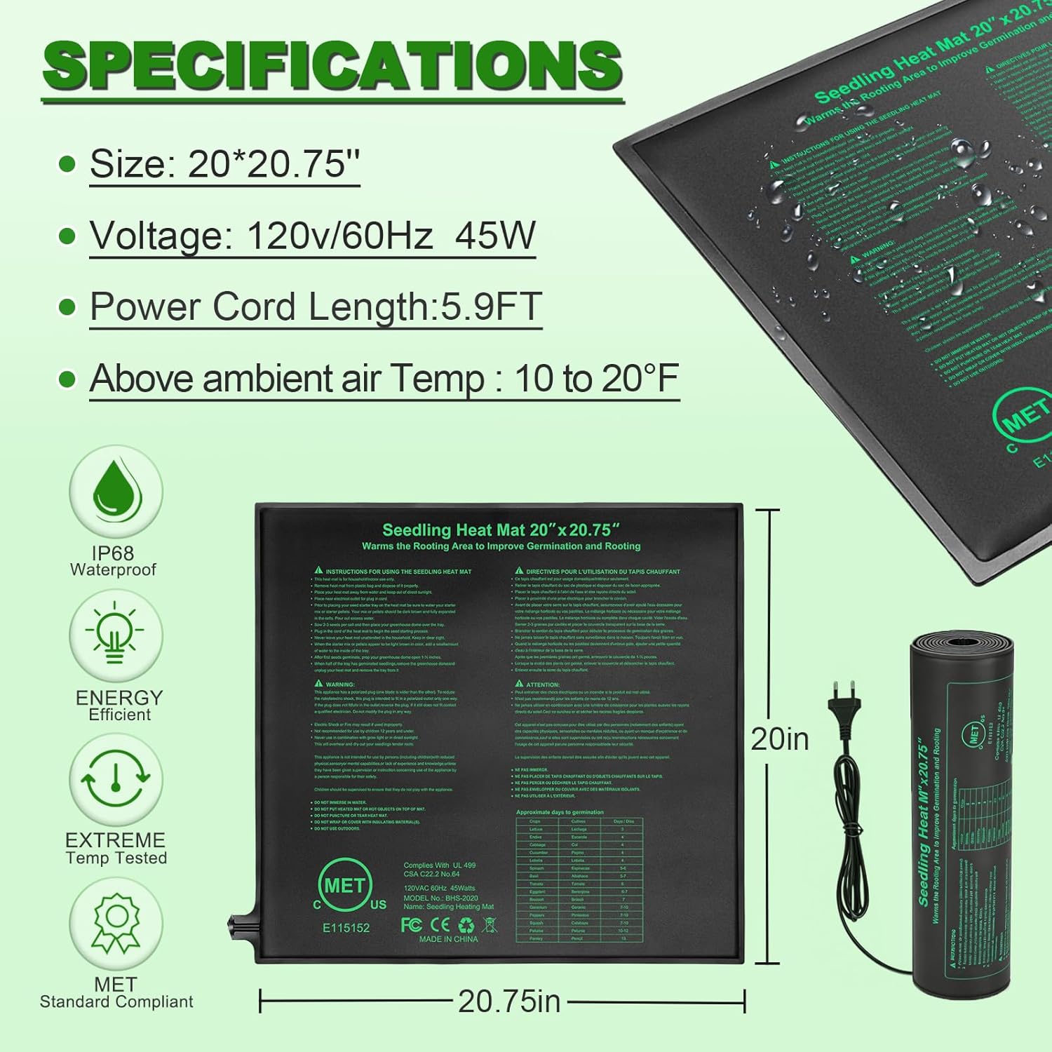 Bestio Waterproof Seedling Heat Mat, 20×20.75 in Heat Mats for Seed Starting, MET Certified Seed Mat, Suitable for Indoor Gardening, Germination