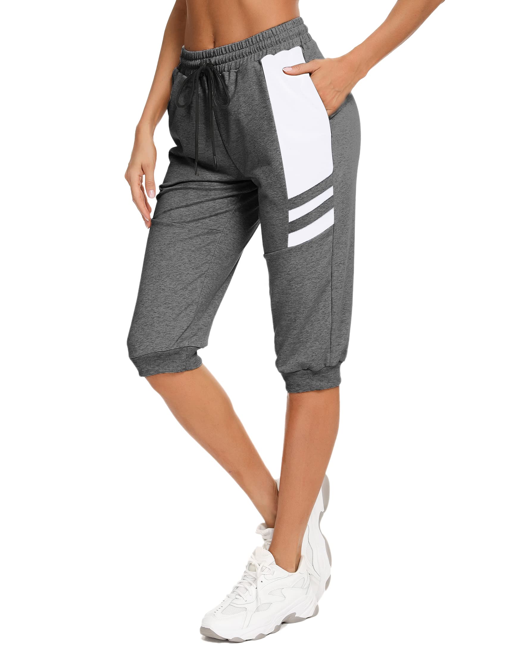 Terecey Jogginghose Damen Baumwolle Sporthose 3/4 Trainingshose Damen Caprihose Sommer Laufhose mit Taschen Freizeithose Sweathose für Jogger Frauen