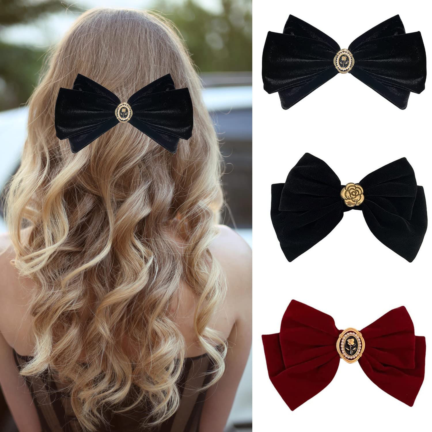 4er Set Haarschleifen Damen – Satin Haarbänder Mit Spange In Schwarz, Rutschfest Für Stylische Frisuren