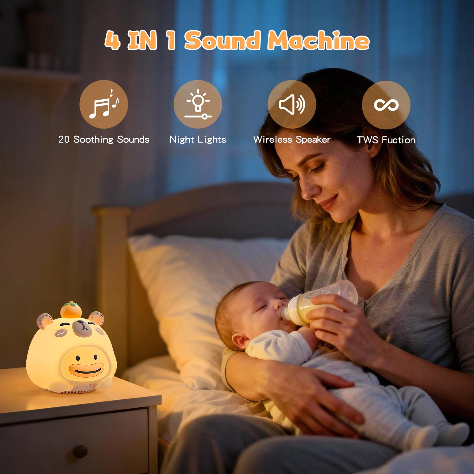 Linda luz nocturna de la máquina de ruido blanco – 20 sonidos relajantes, admite conexión inalámbrica, ambiente RGB con mando a distancia y temporizador, ayuda a dormir para bebés y adultos, regalo