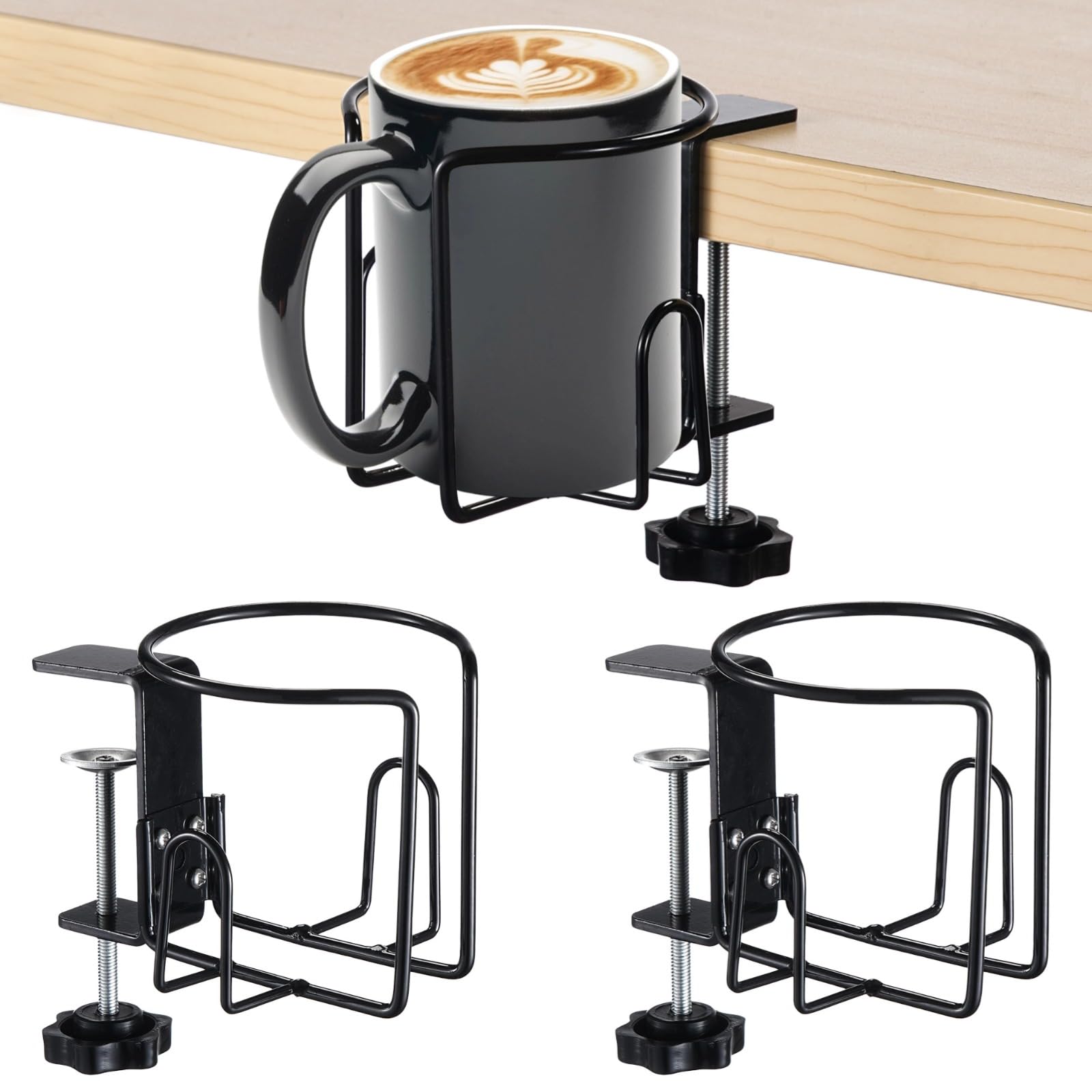 3 Stk. Getränkehalter für Schreibtisch, Klemmhalter für Tassen, Becher und Flaschen, verstellbar für Tisch, Rollstuhl und Arbeitsplatte, mit seitlicher Öffnung, horizontal/vertikal montierbar