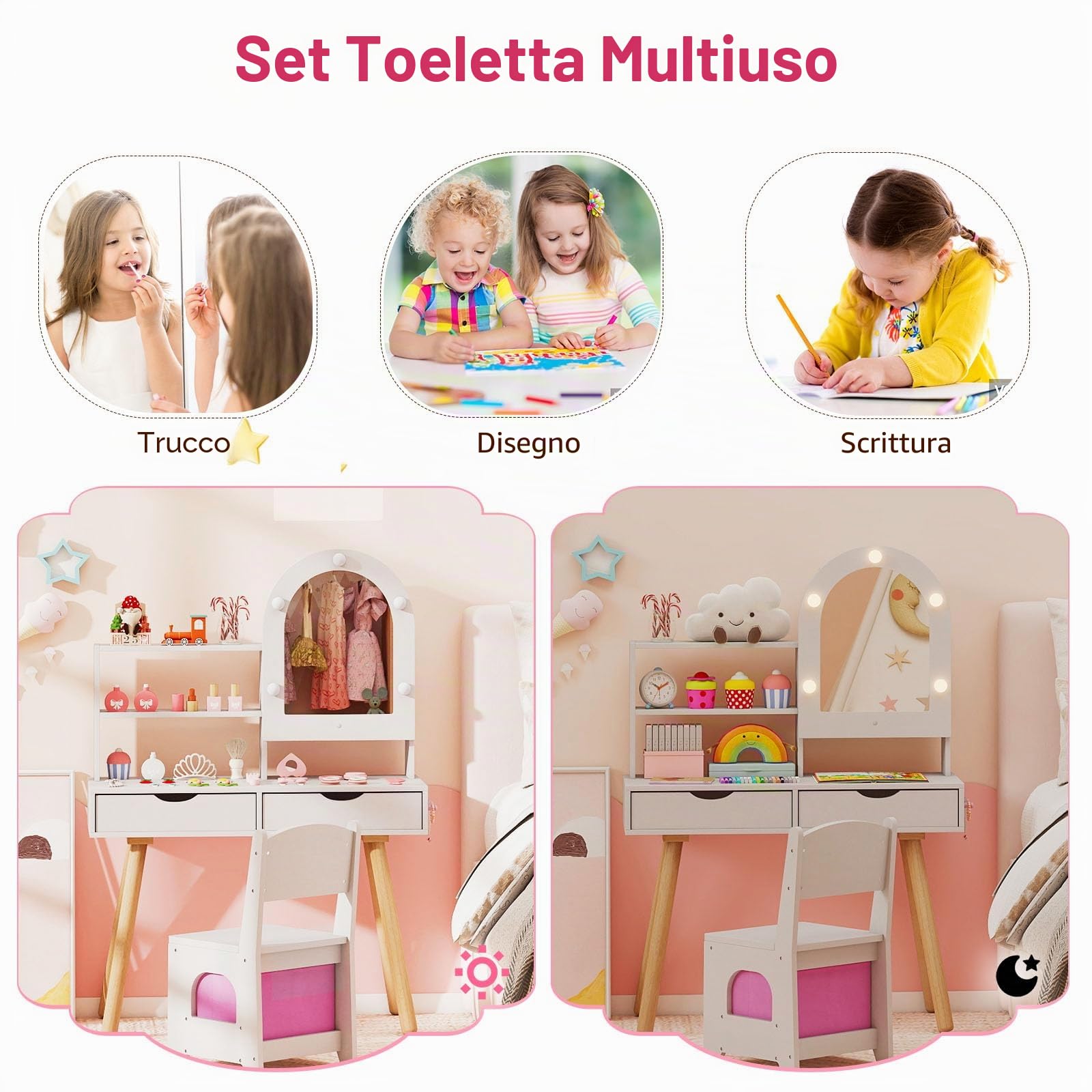 LIFEZEAL Specchiera Trucco per Bambina 3+Anni, con Luci, Sgabello, Sedia, Specchio, Tavolo Toeletta, Postazione Makeup, con 3 Cassetti, Armadietto, Mensole, Accessori, in Legno, Cameretta (bianco)