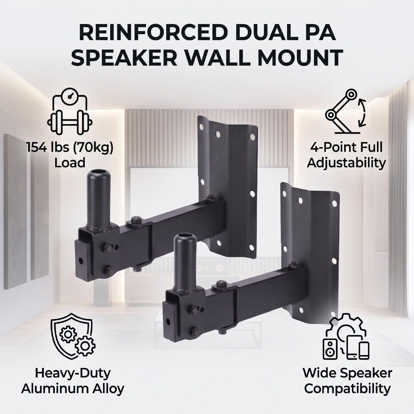 Goshyda Paquete de 2 Soportes de Montaje en Pared para Altavoces PA de Alta Resistencia, Soportes para Altavoces de Aleación de Aluminio, Capacidad de 154 Libras, Ajustable 180 Grados,