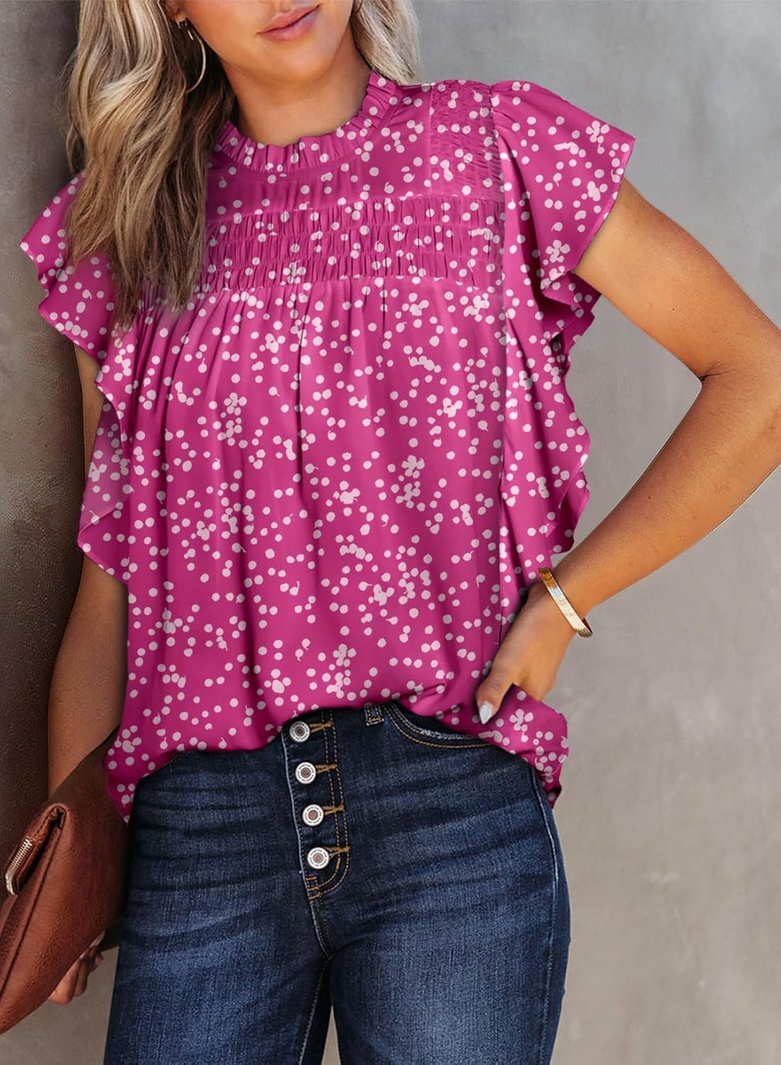 Dokotoo Womens Summer Tops Casual Crewneck Floral Print Shirts Smocked Ruffle Short Sleeve Babydoll Blouses - Image 2