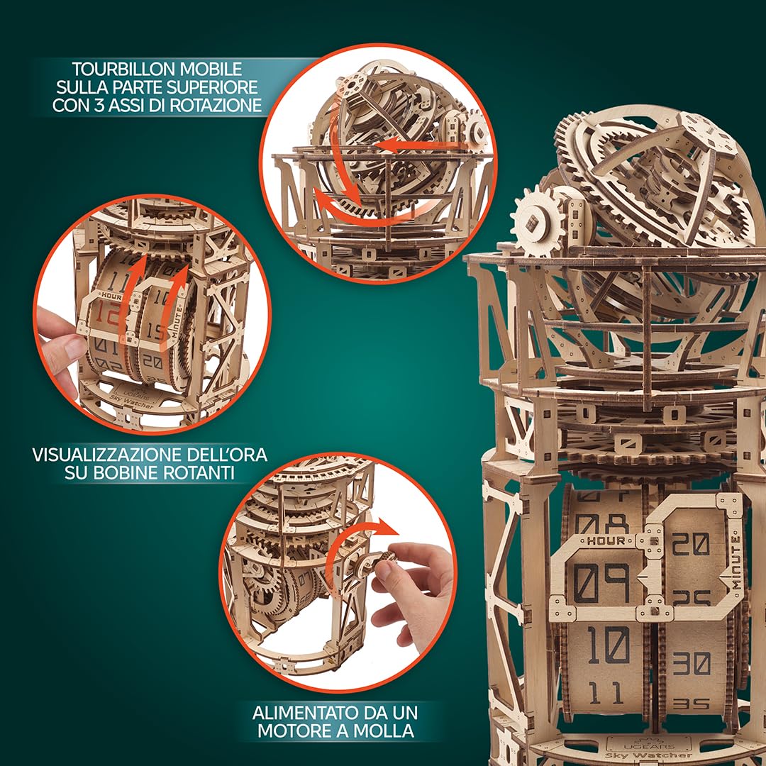 UGEARS Sky Watcher Tourbillon Orologio da Tavolo - Puzzle 3D in Legno Funzionali per Adulti Kit Orologio Meccanico - Kit Modelli in Legno DIY da Assemblare per Adulti - 3D Puzzle del Papà - 338 Pezzi