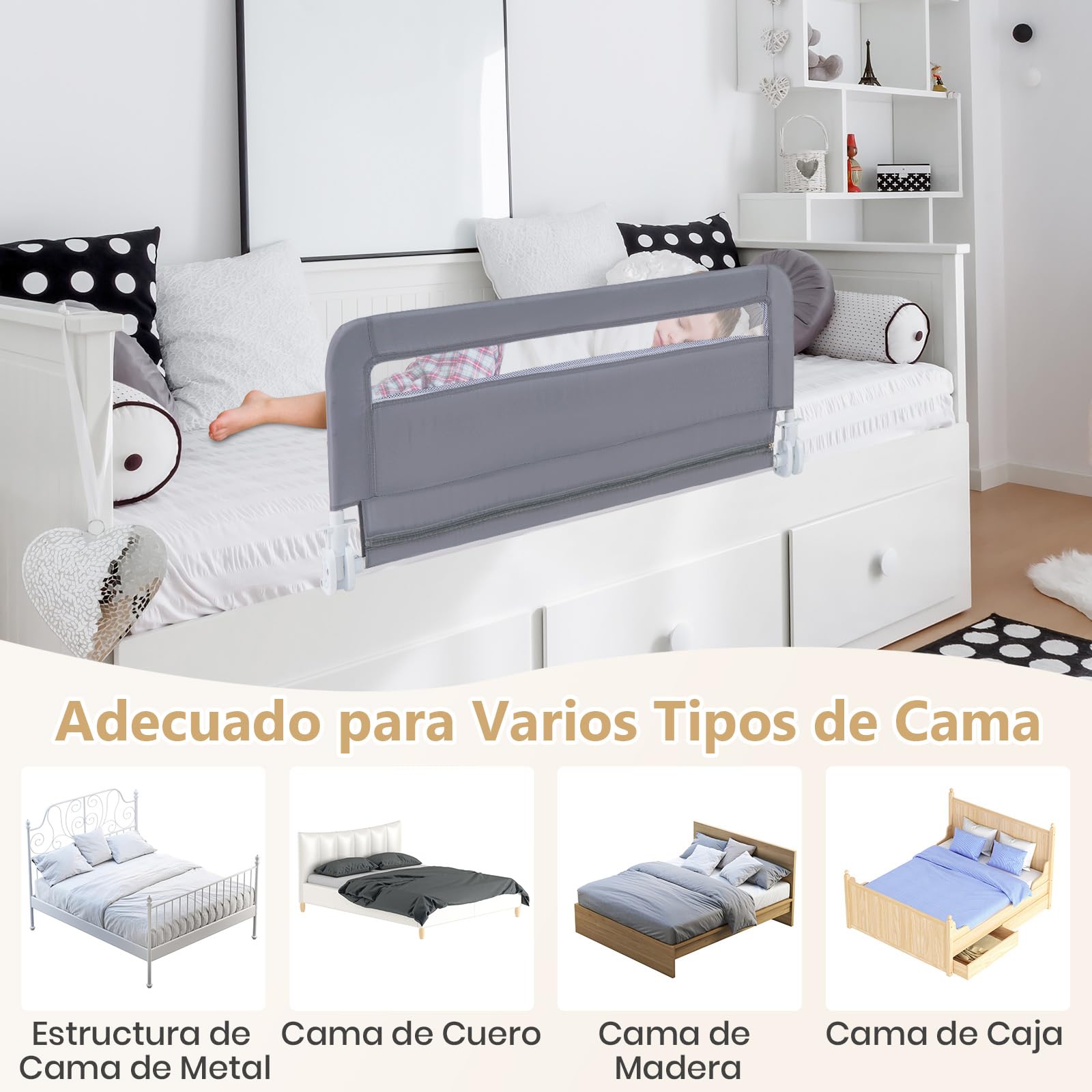 GOPLUS Barrera de Cama Plegable para Niños (Gris)