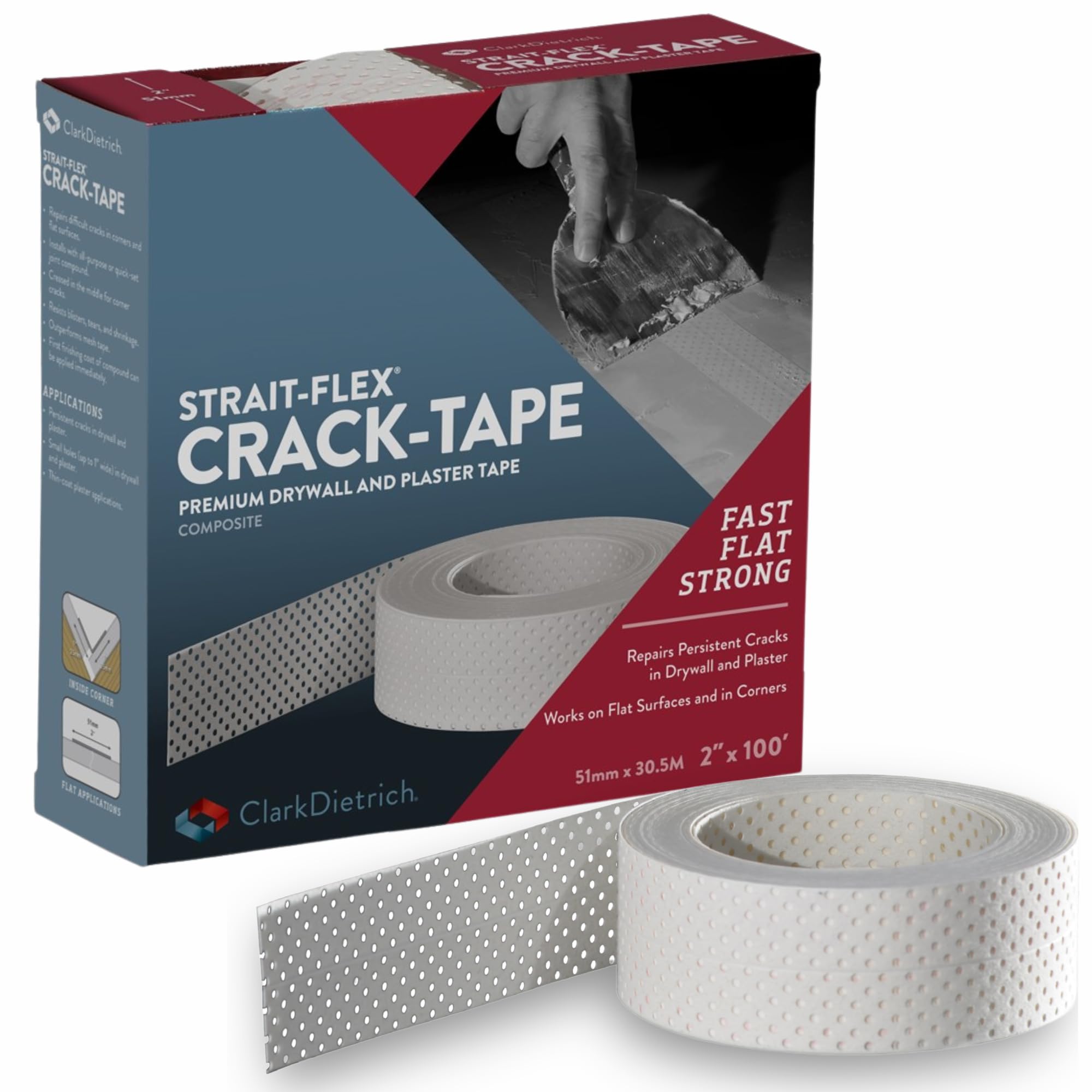 strait flex drywall tape – crack-tape drywall repair strip – fixed persistent cracks in corners and flat surfaces – resists blisters, tears and wrinkles – 2" x 100ft roll