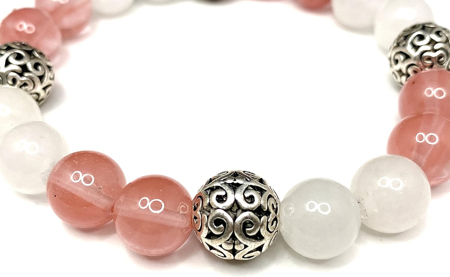 Handmade 10mm Cherry Quartz & White Jade & .925 Sterling Silver Bali Bead Bracelet