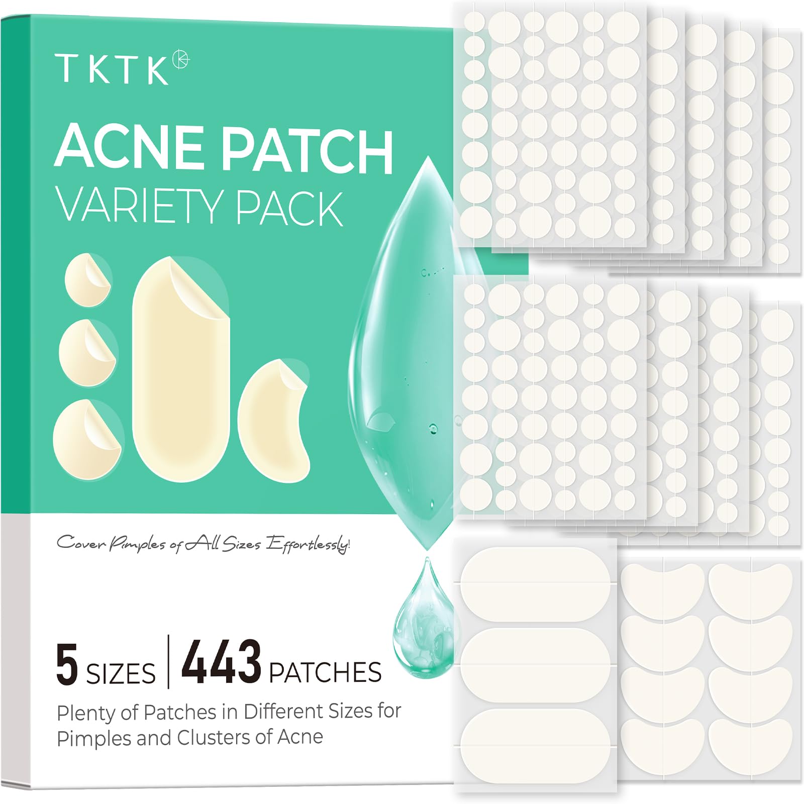 TKTK 443 Pickel Patches Gesicht, Hydrokolloid Akne Pflaster Vorratspack, Anti-Pickel Sticker für Wangen Stirn Kinn, 5 Größen (Punkte, Streifen, konturiert), für alle Hauttypen