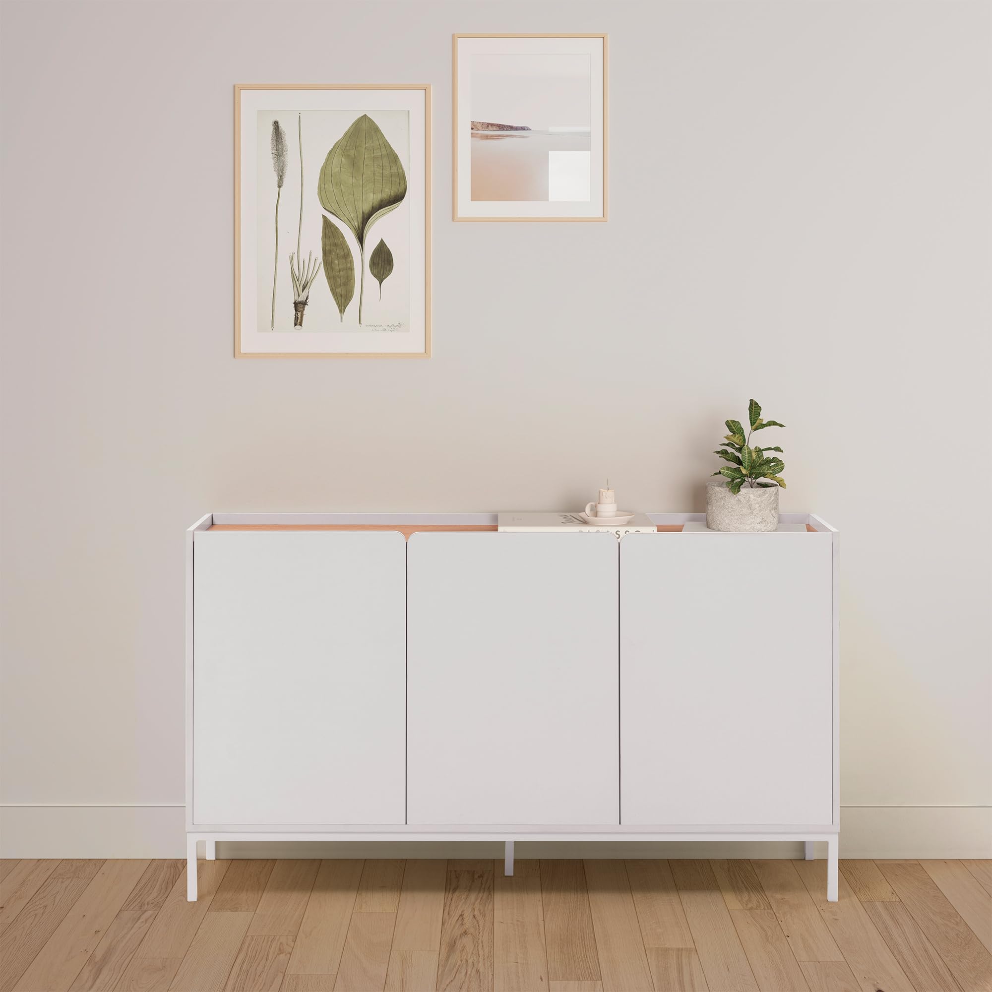 HOMN LIVING Aparador Curva 3 Puertas Color Blanco, 140 cm (Ancho) 40 cm (Profundo) 80 cm (Altura)