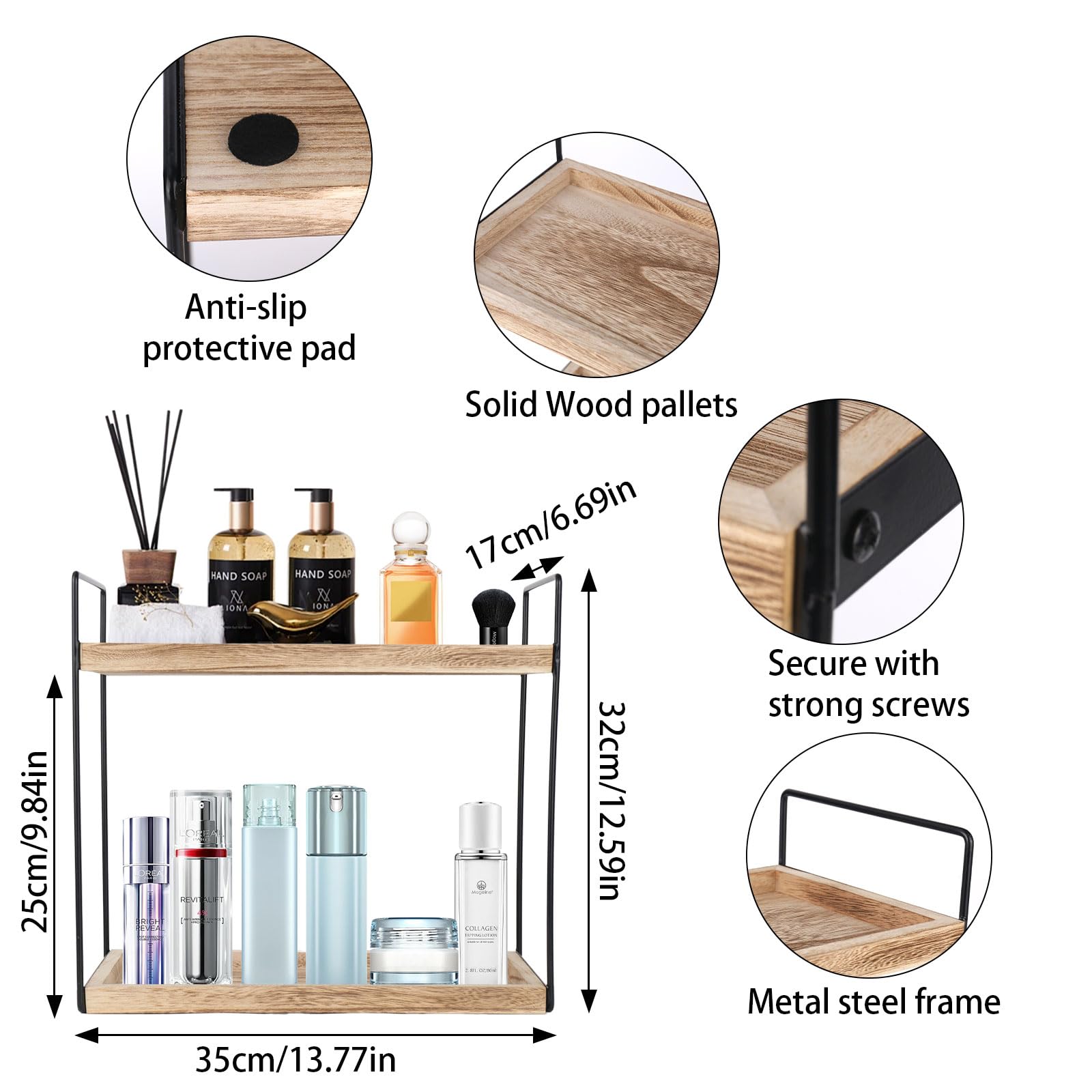 Standregal Badezimmer Organizer,Badregal Ohne Bohren 2 Tier Multifunktionales Gewürzregal Badezimmer Regal Holz Mit Metallgestell, Schreibtisch-Organizer Für Küche, Schminktisch