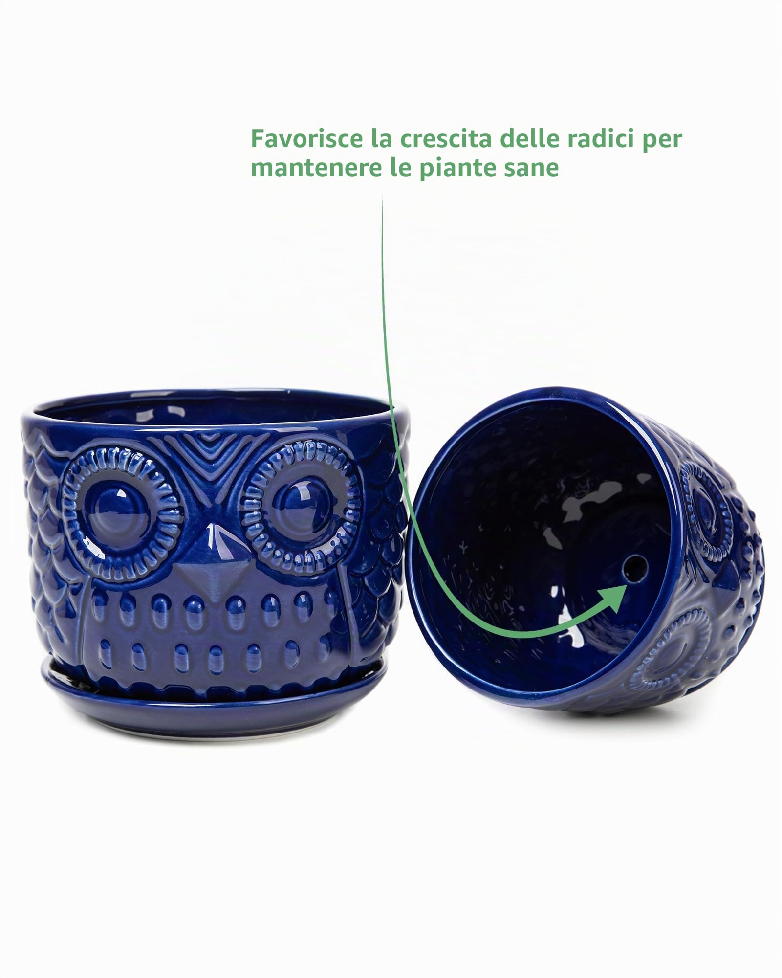 Vasi da fiori in ceramica, fioriere in ceramica con foro di drenaggio e sottovaso, moderne fioriere rotonde per piante grasse da interni con design a gufo, di piccole e medie dimensioni, set da