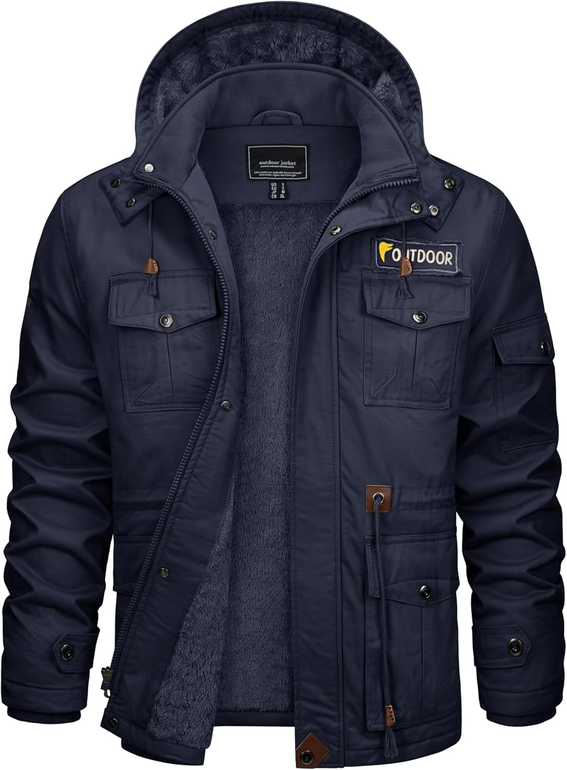 CRYSULLY Men's Winter Jacket Cotton Military Jackets Fleece Lined Thick Warm Cargo Coats Multi-Pocket Outwear with Hooded