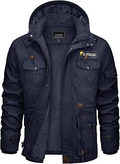 CRYSULLY Men's Winter Jacket Cotton Military Jackets Fleece Lined Thick Warm Cargo Coats Multi-Pocket Outwear with Hooded
